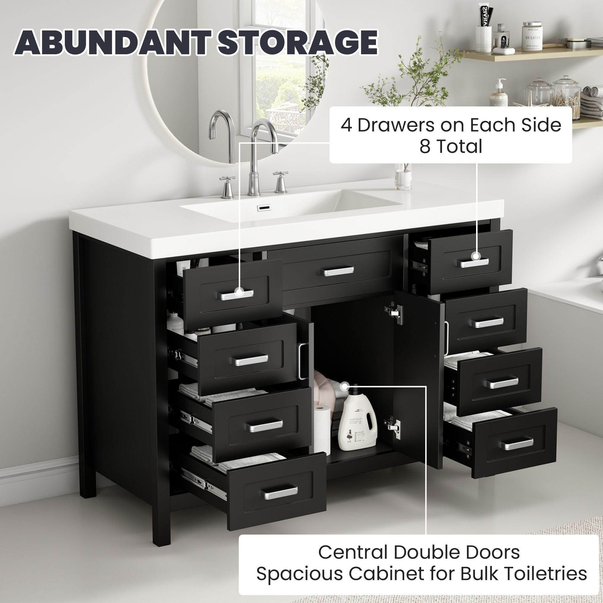 Bathroom Vanity With Sink, 2 Doors 8 Drawers, Soft Close System, Classic Design