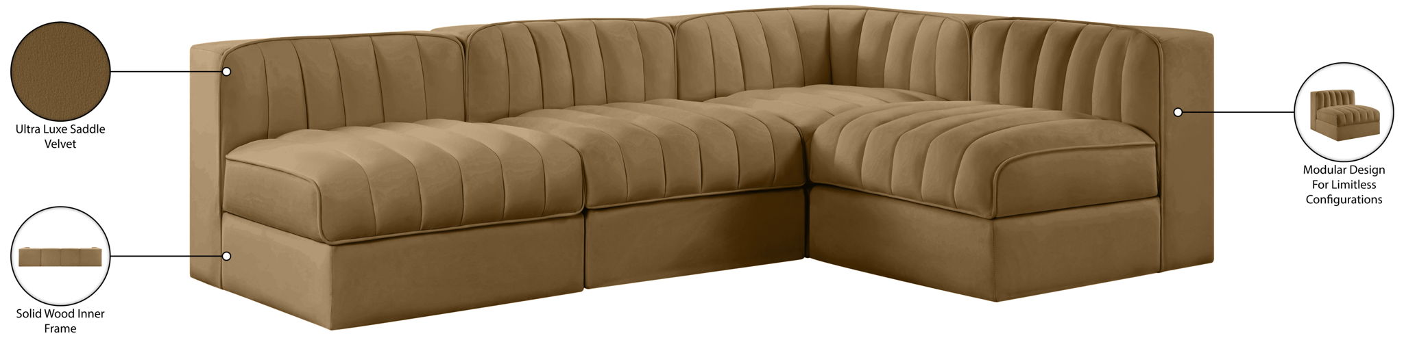 Rummi - Armless Velvet Performance Fabric Upholstered 4 Piece Modular Sectional