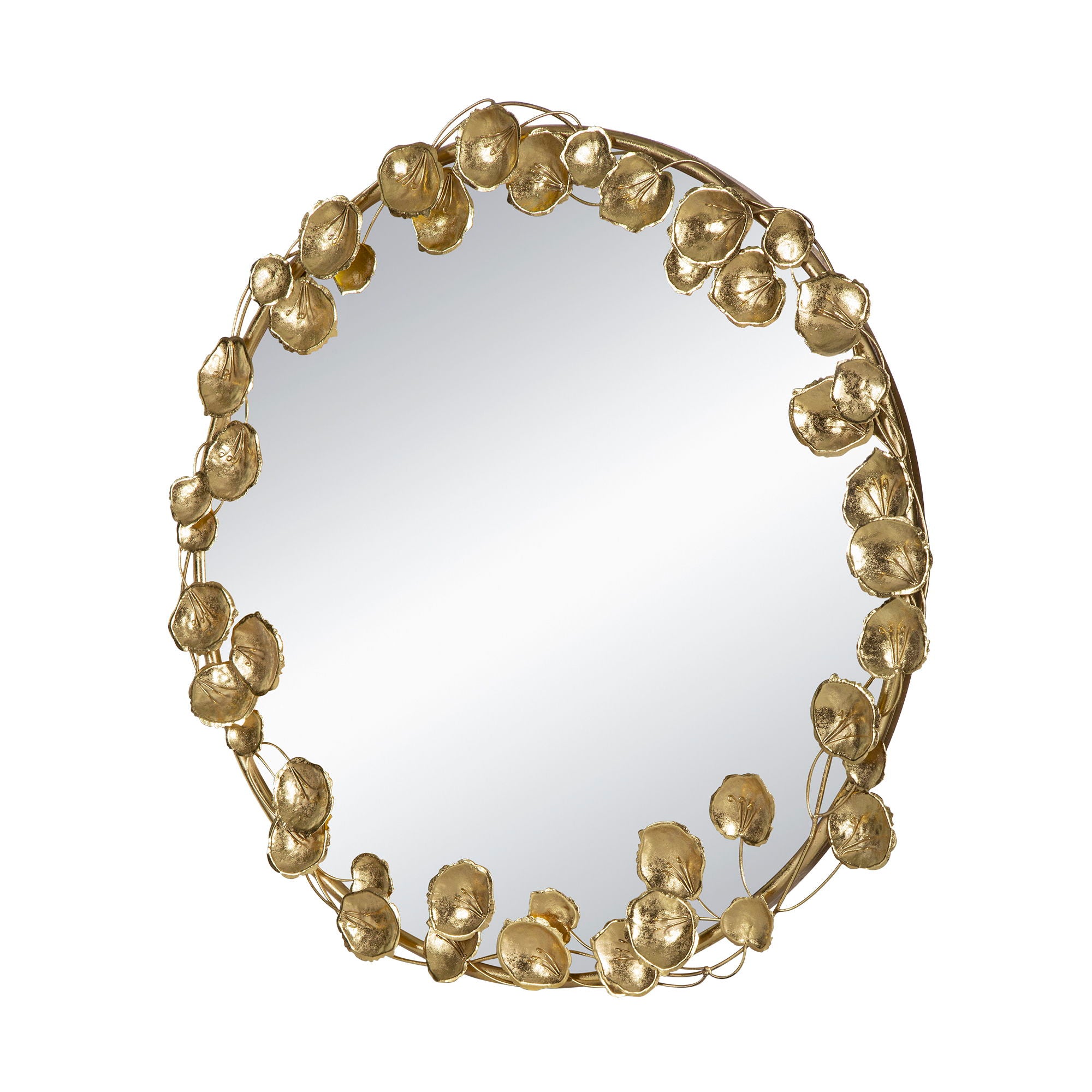 Round Metal Wall Mirror With en Leaf Accents, Modern Decor Mirror For Living Room Entryway Hallway - Gold