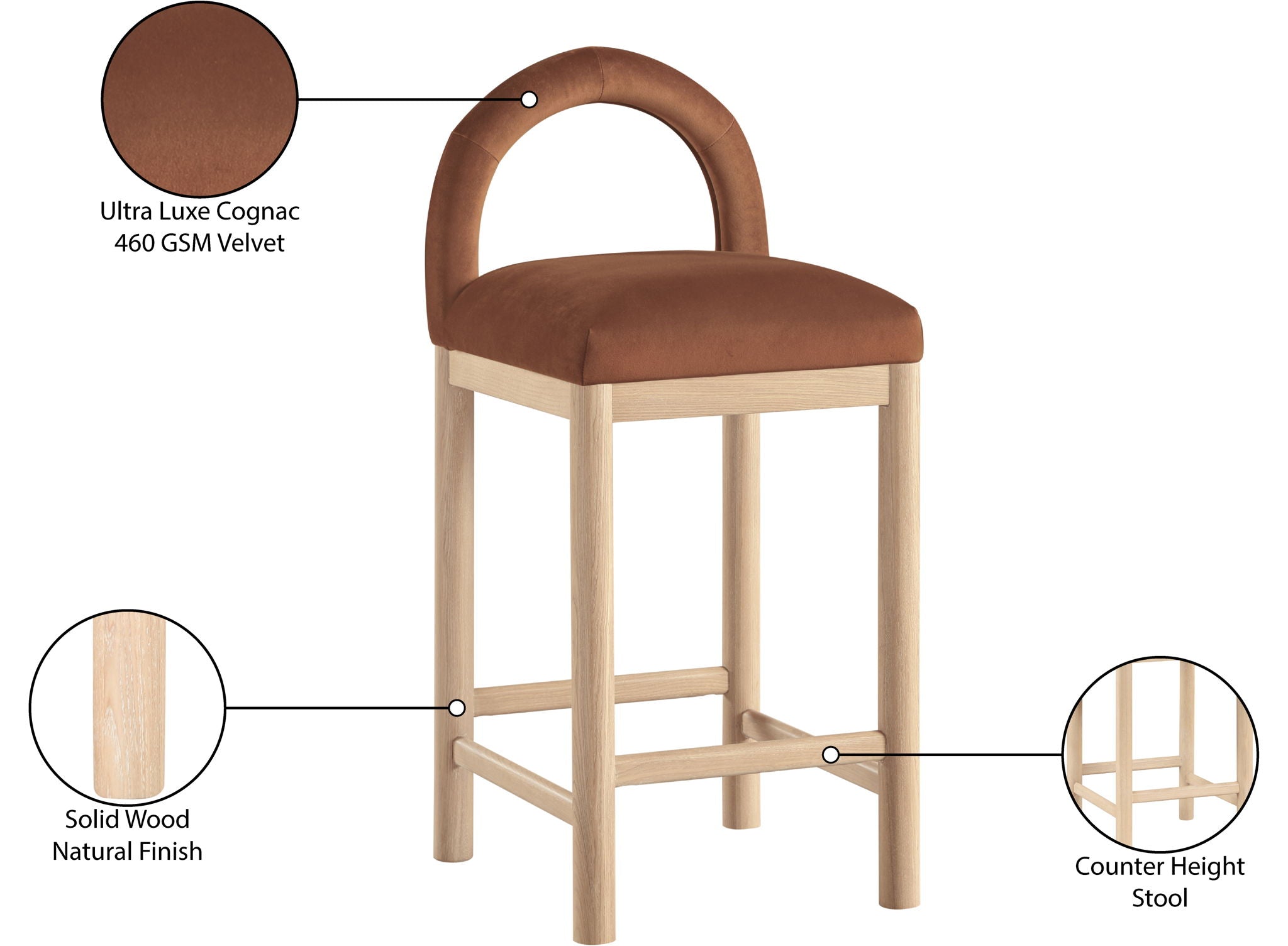 Conrad - Velvet Counter Stool With Natural Legs
