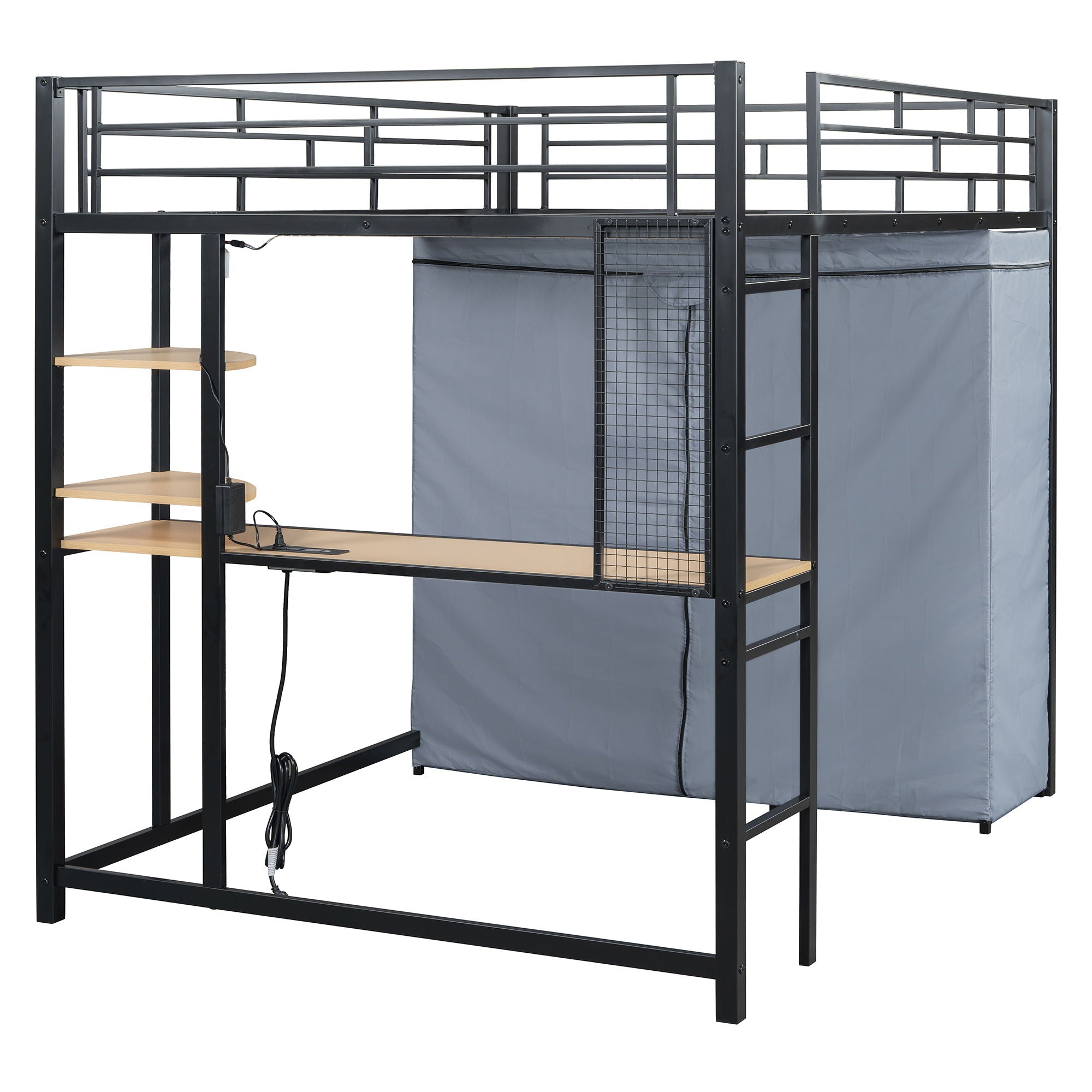 Loft Bed With Desk, Shelves, Power Outlet, LED Light And Wardrobe