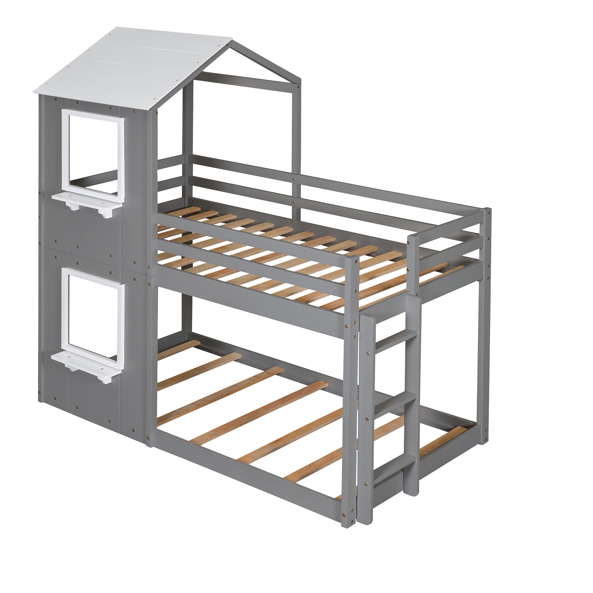 Bunk Bed Wood Bed & Roof, Window, Guardrail, Ladder