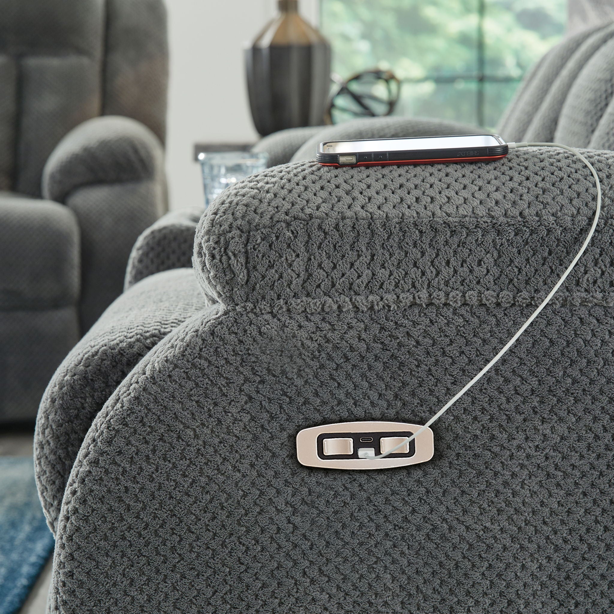 Observation - Reclining Power Sofa With Drop Down Table - Steel
