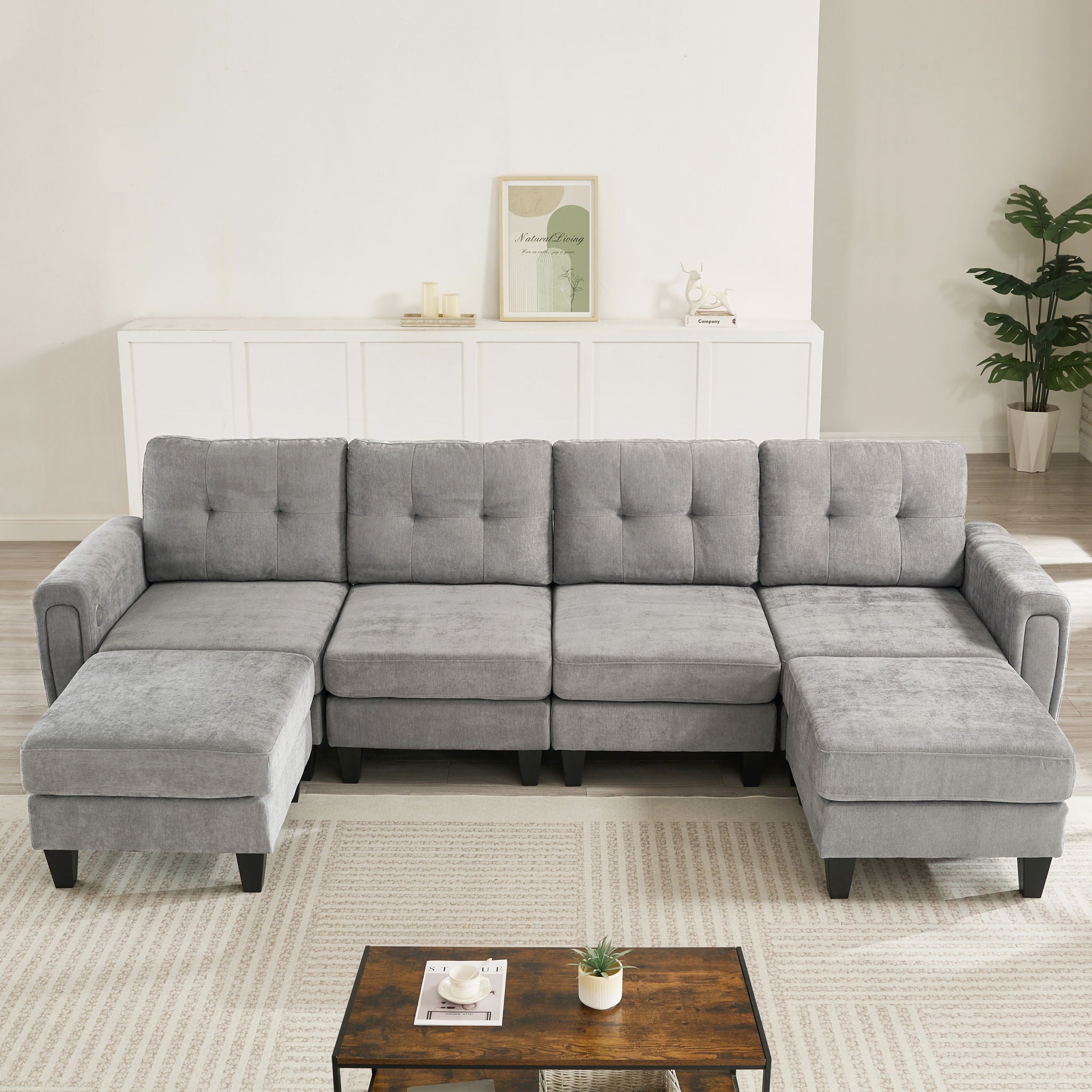 Modular Sectional Sofa With Movable Ottomans, USB Ports & Side Tables