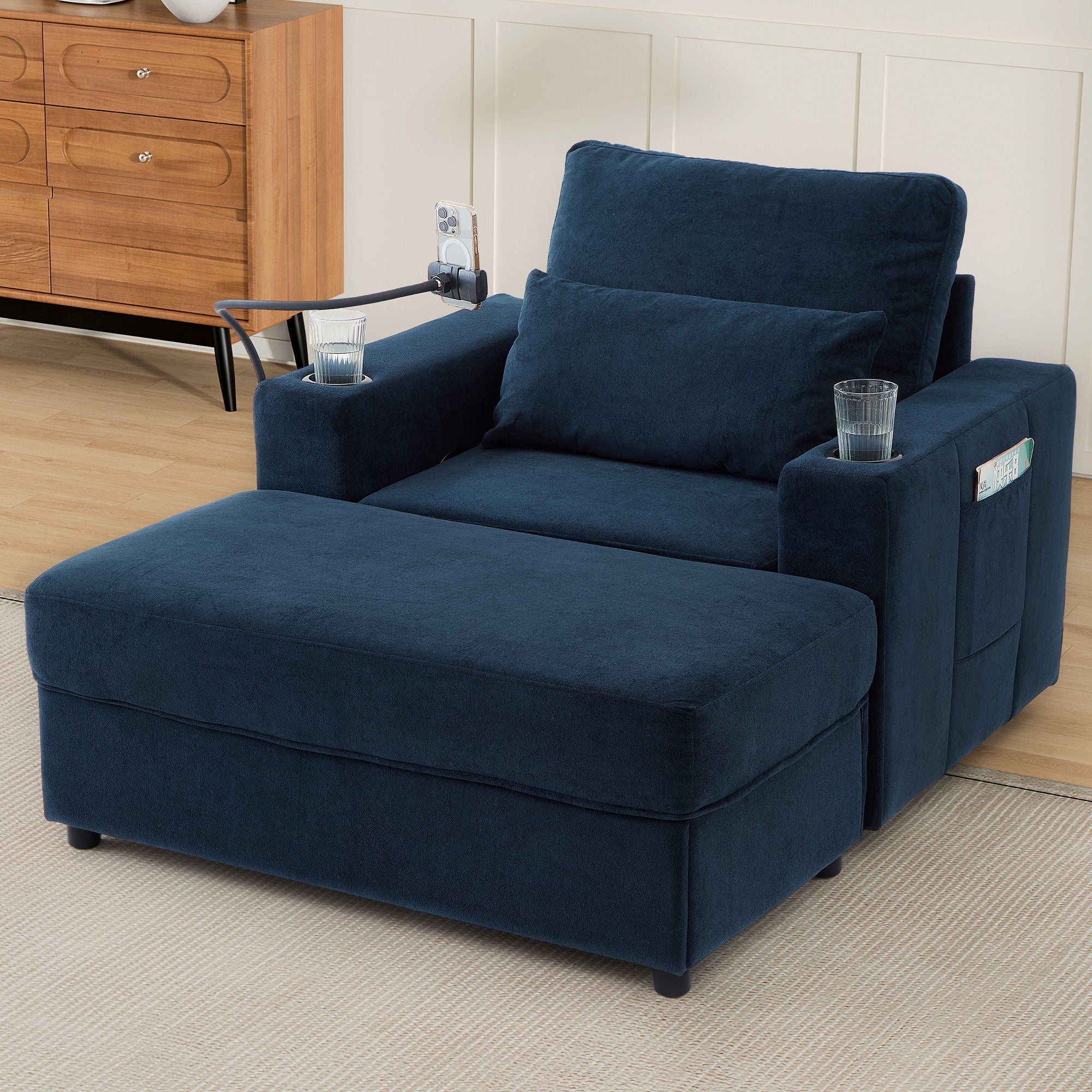 Modern Style Armchair Chaise Lounge Sofa Couch With Movable Storage Ottoman, USB Ports, Cup Holders, Phone Holder, Side Pockets