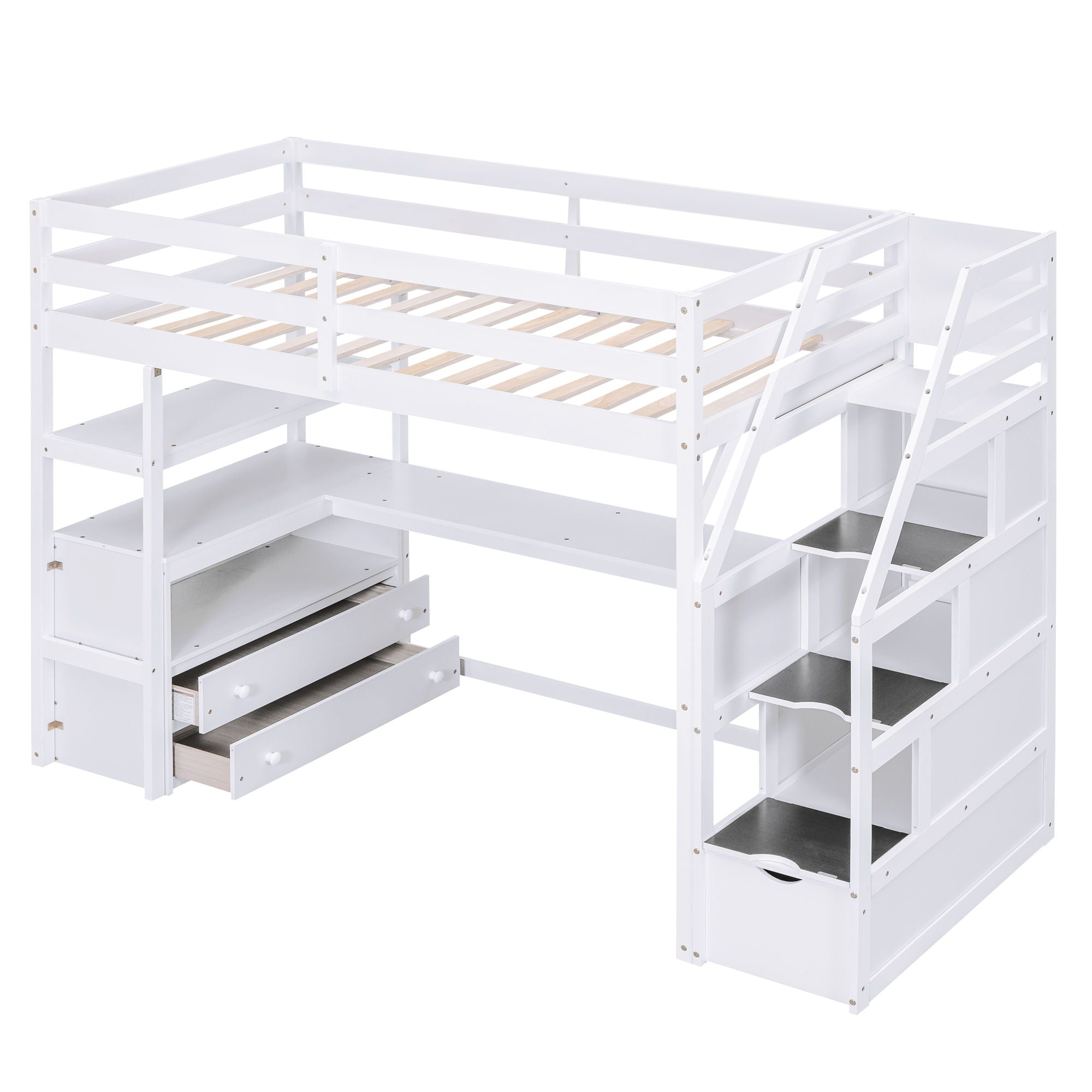 Loft Bed With Desk, Shelves, 2 Drawers, Storage Staircase