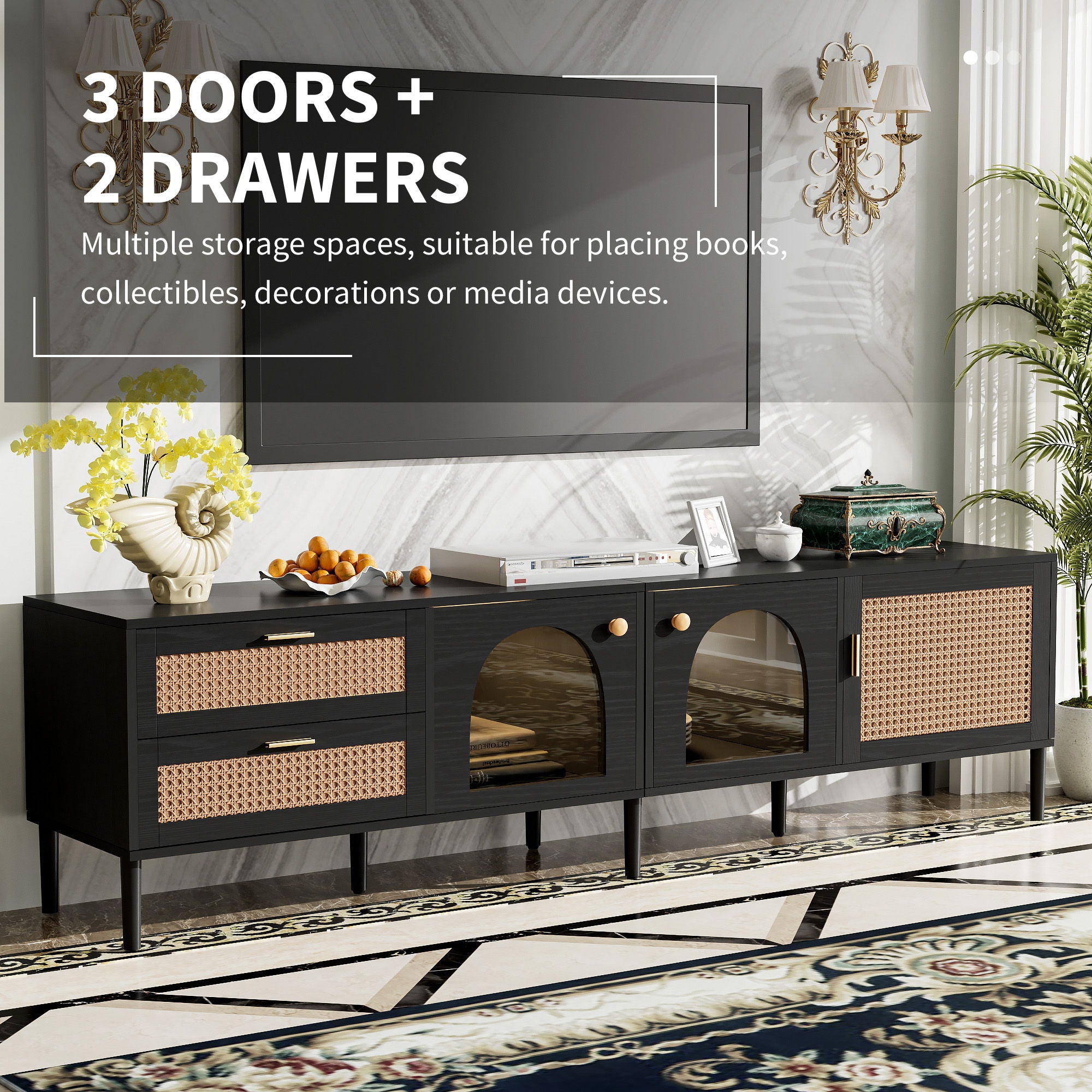 TV Stand With App-Controlled LED Lights, 2 Drawers & Door Storage