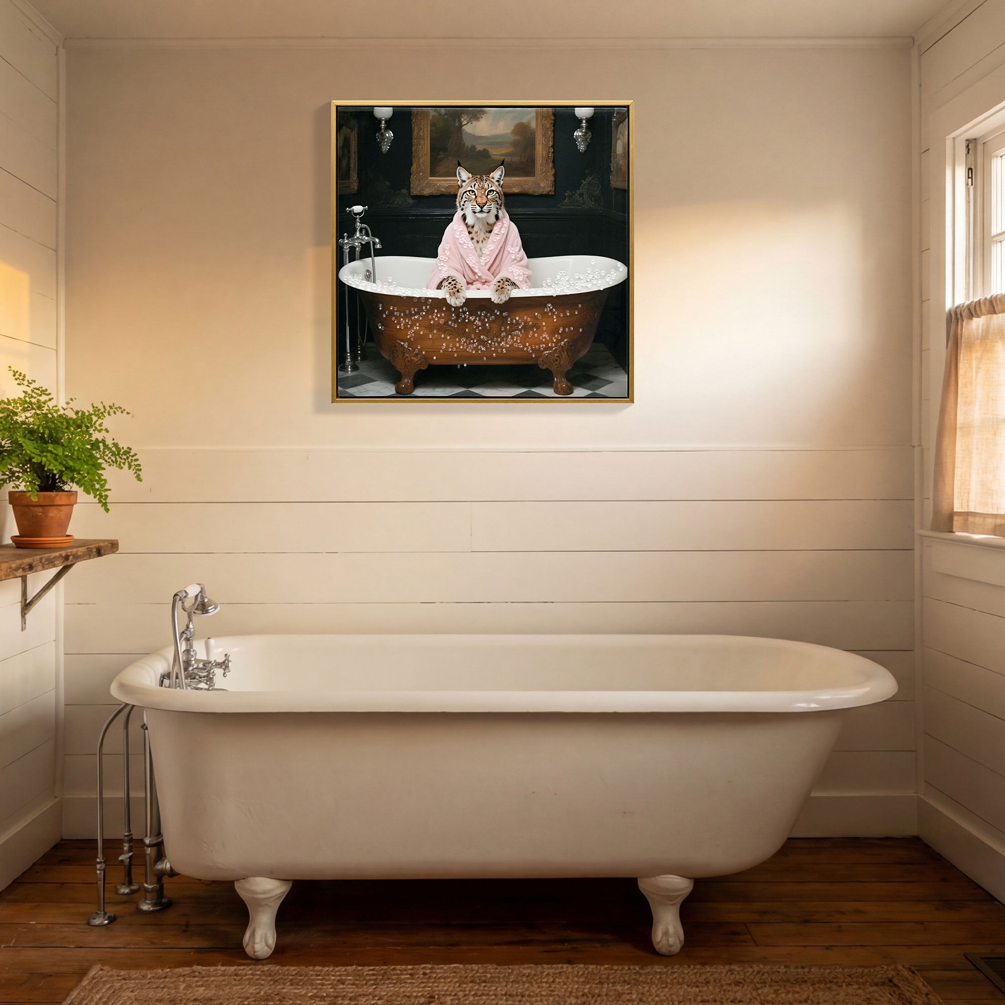 Tiger In Bathtub Wall Art Print Poster, Bathroom Decor Posters Prints For Restroom - Pink / White
