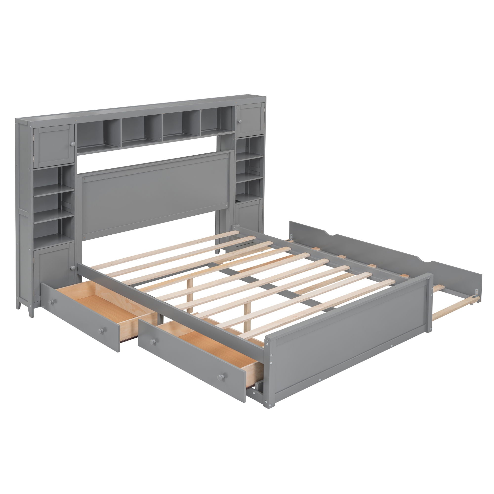 Bed With All In One Cabinet, Shelf And Sockets, Twin Long Trundle