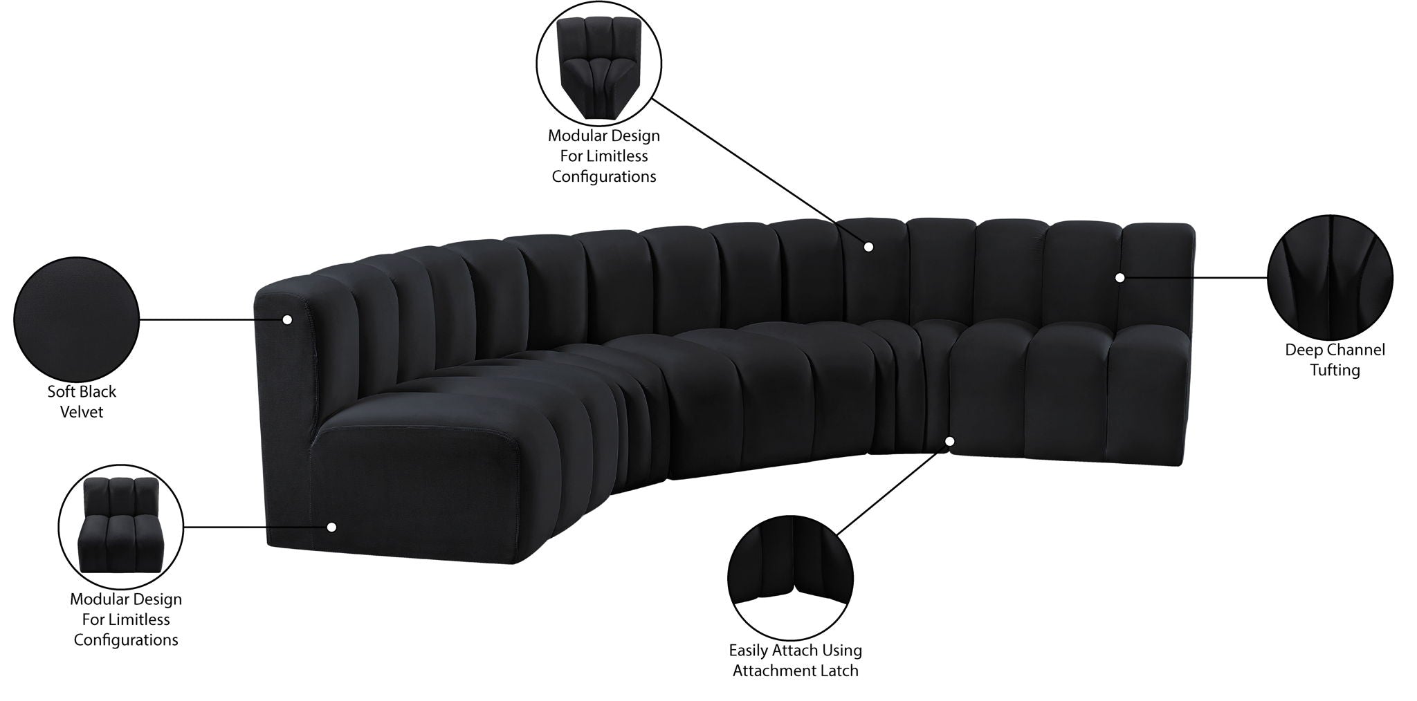 Arc - Velvet 5 Piece U-Shaped Modular Sofa