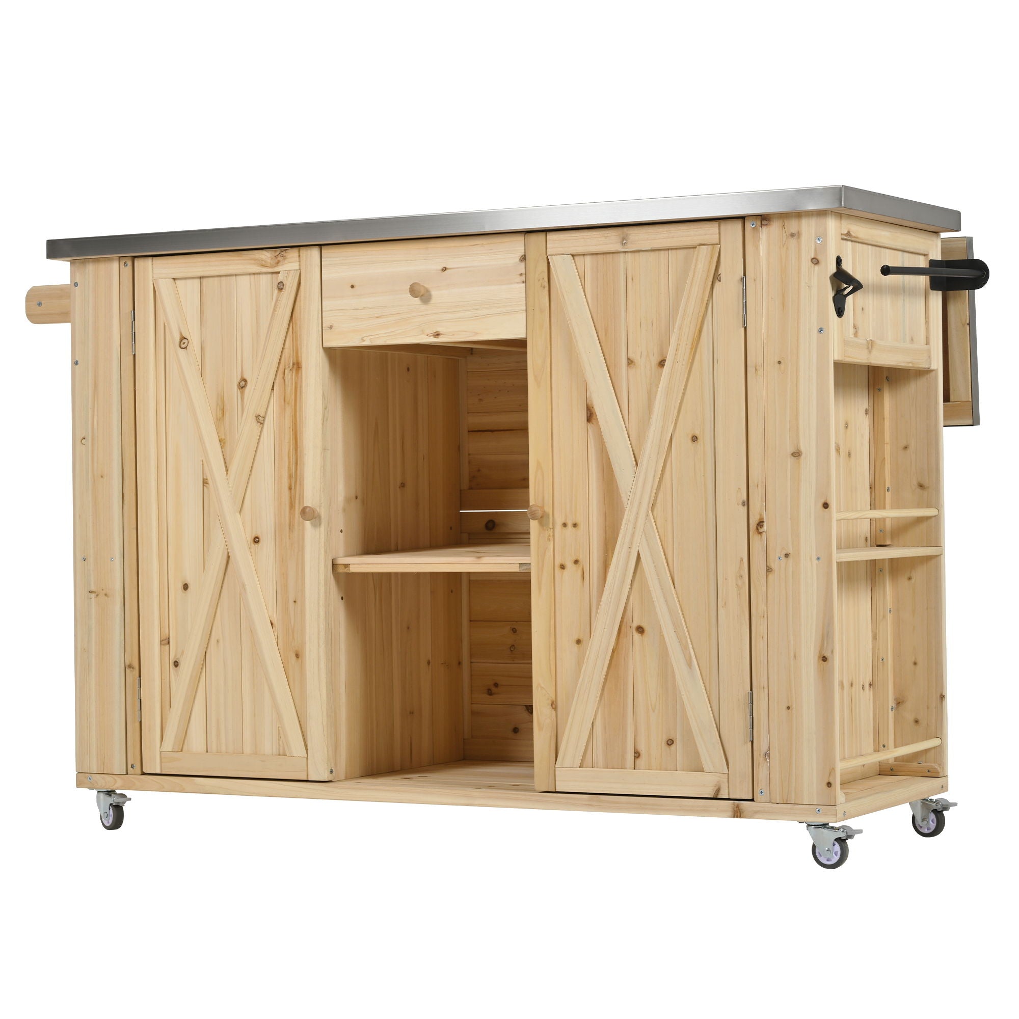 Outdoor Kitchen Island With Stainless Steel Top, Ample Storage Space, Towel And Spice Racks And A Bottle Opener
