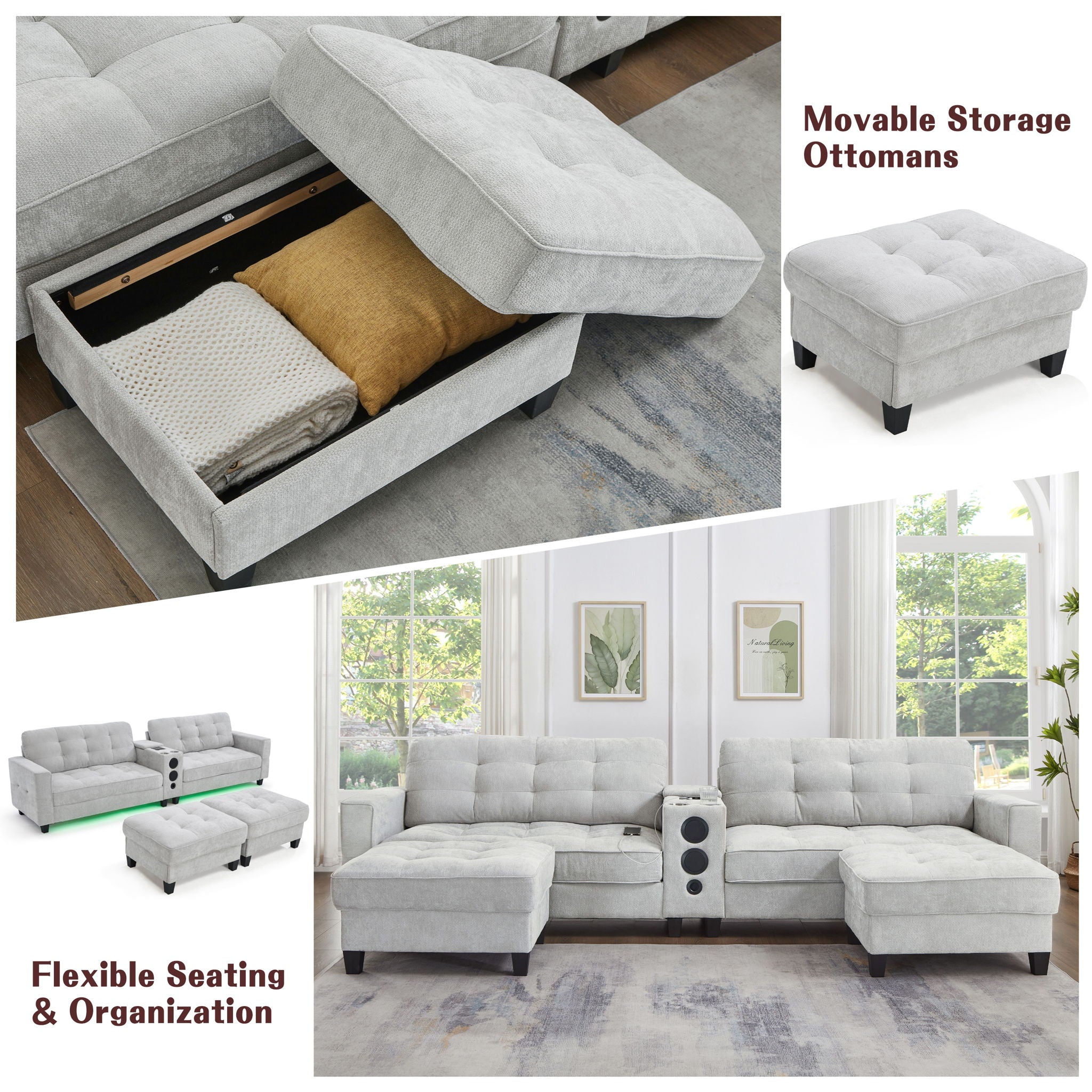 Modern Sectional Sofa U-Shaped With Movable Ottomans, tooth Speakers, LED Lights And Modular Storage
