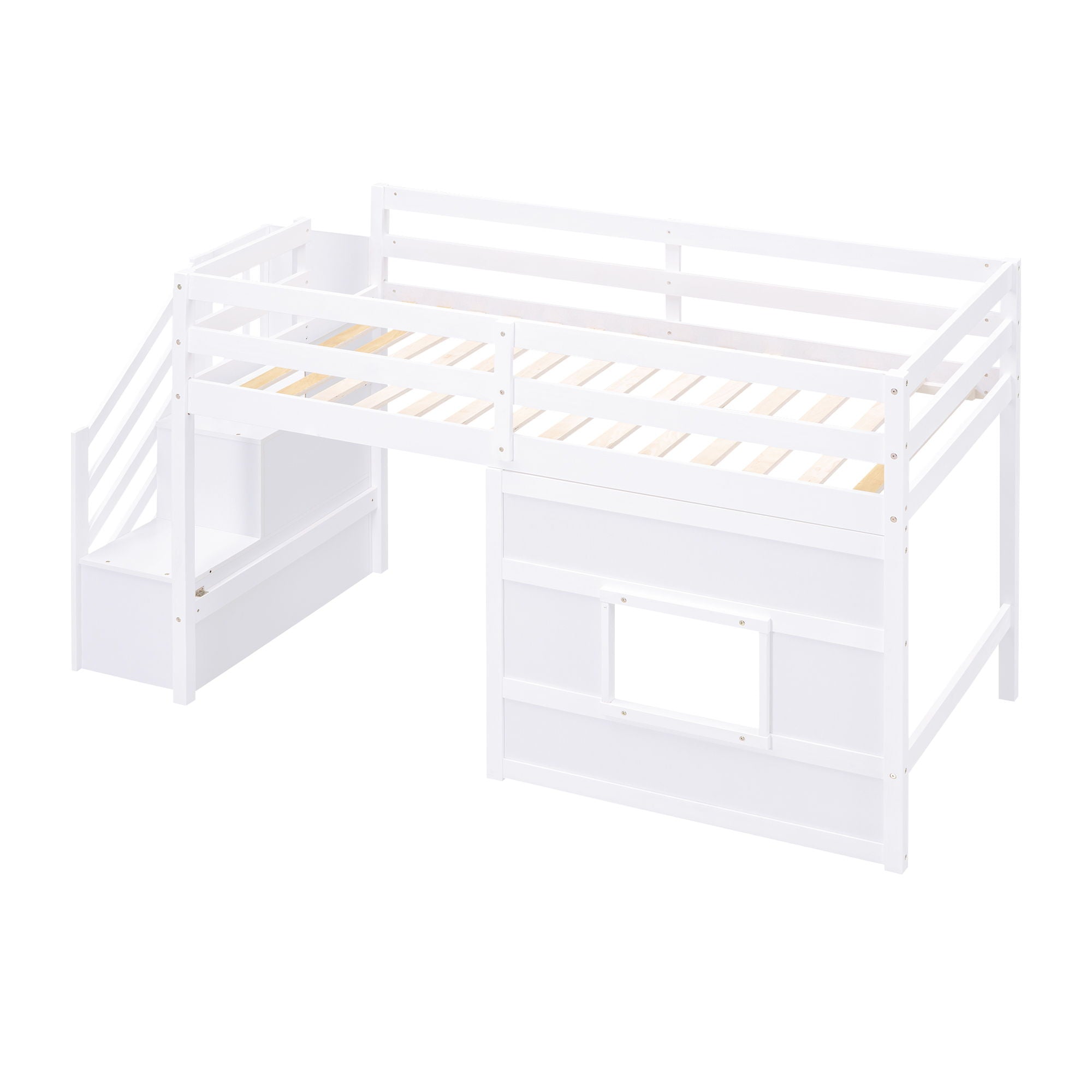 Loft Bed With Storage Staircase, Window & LED Light