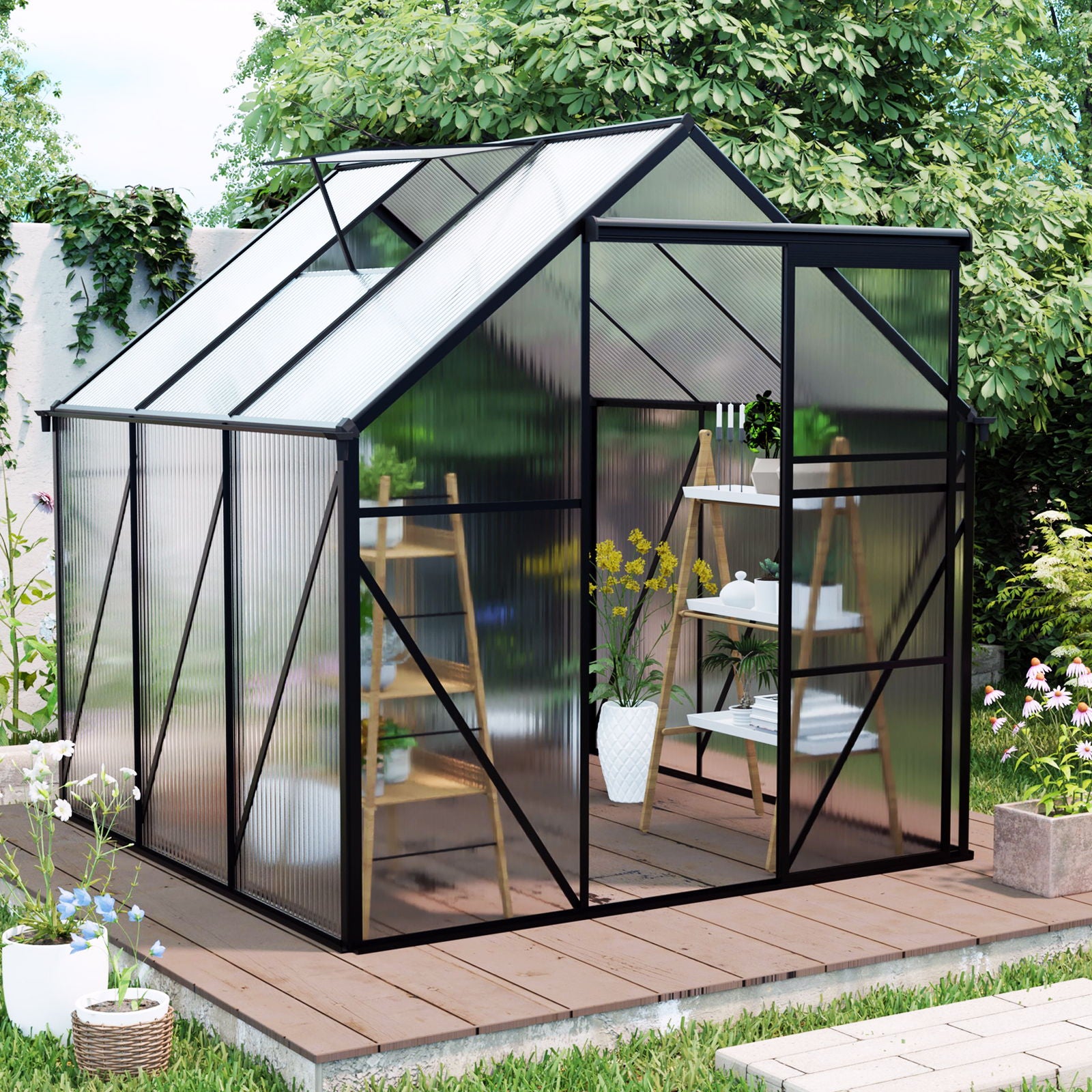 Polycarbonate house Raised Base And Anchor Aluminum Heavy Duty Walk-In houses For Outdoor Backyard In All Season