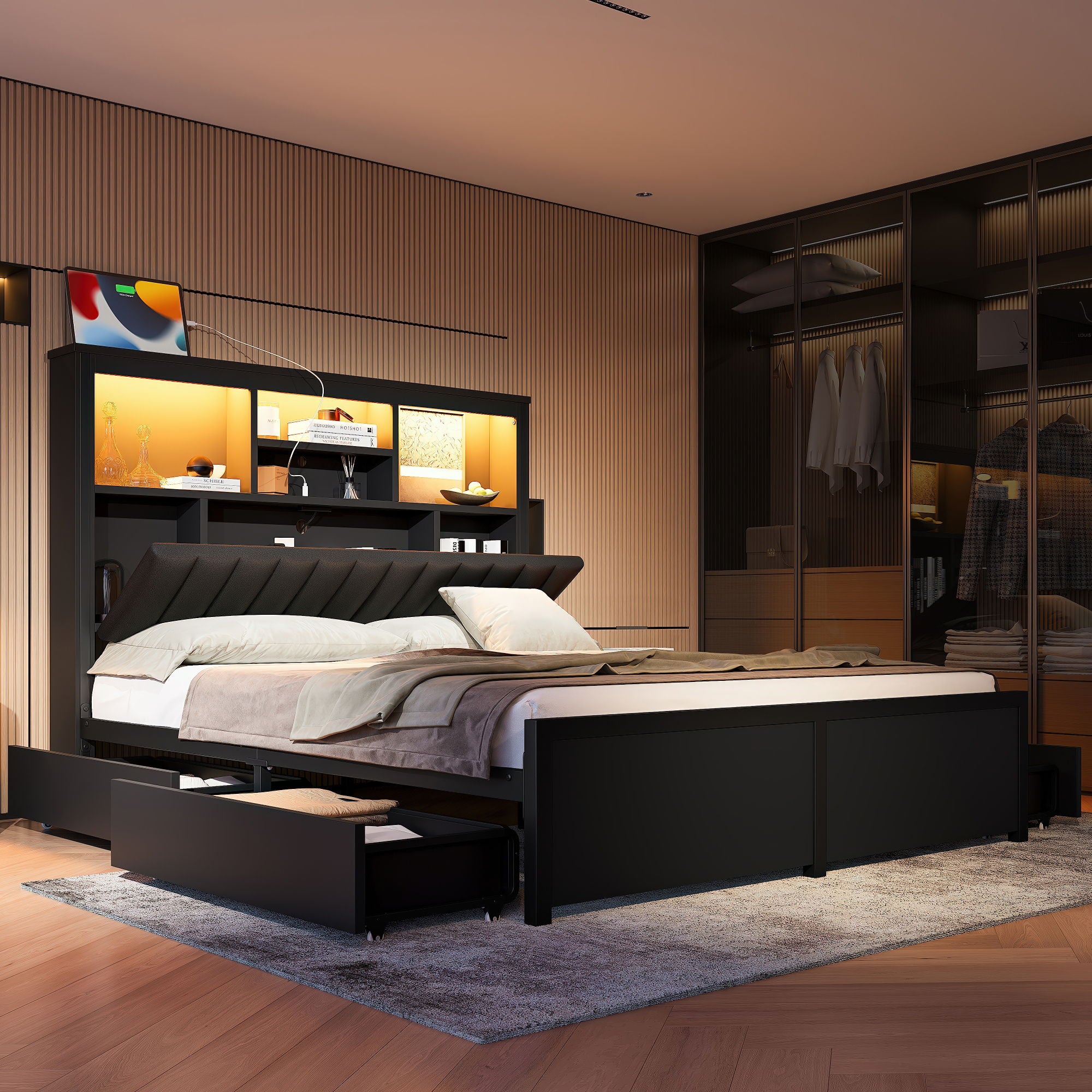 Bed Frame With High Storage Headboard, LED Light And Charging Station, 4 Storage Drawers