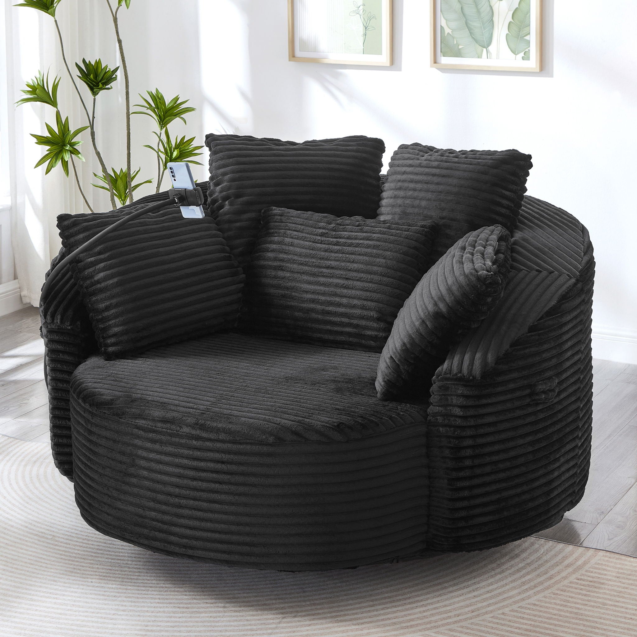 Swivel Accent Barrel Chair With Adjustable Phone Holder, 5 Pillows For Living Room