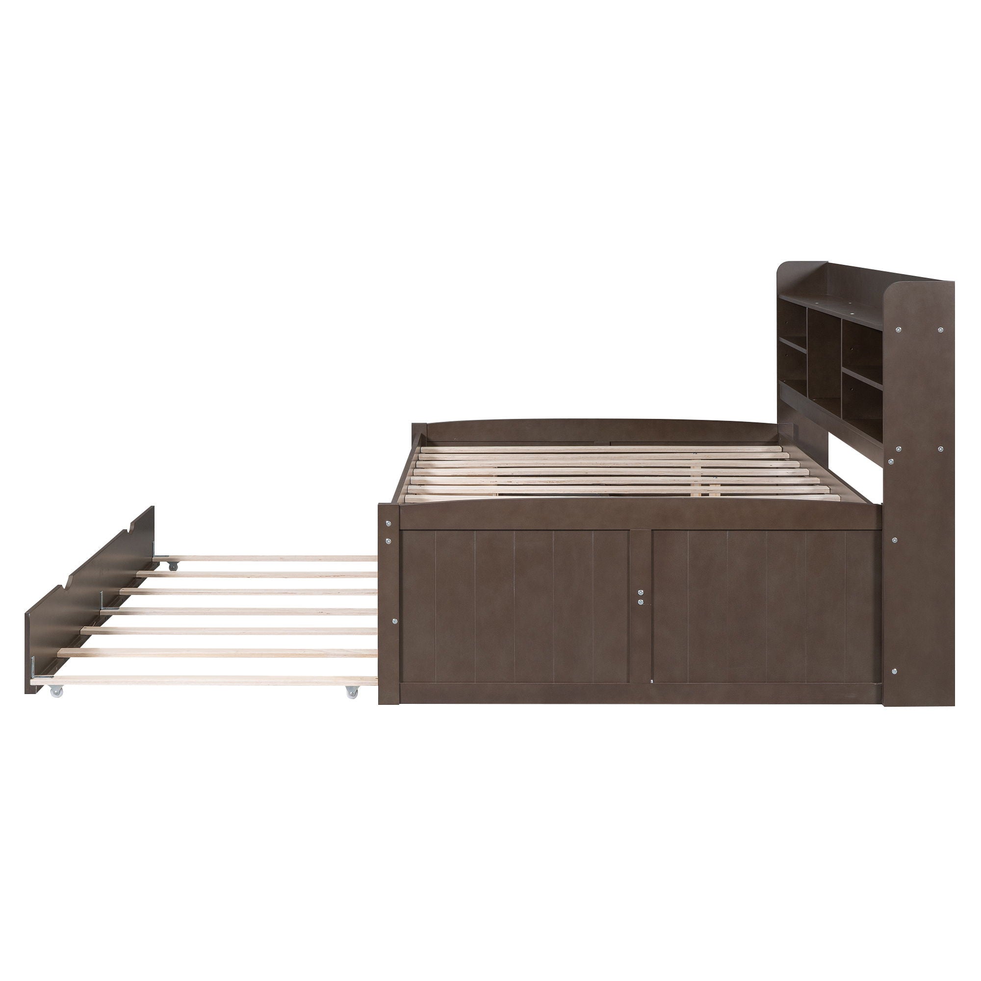Captain Bed With Built In Bookshelves, 3 Storage Drawers, And Trundle