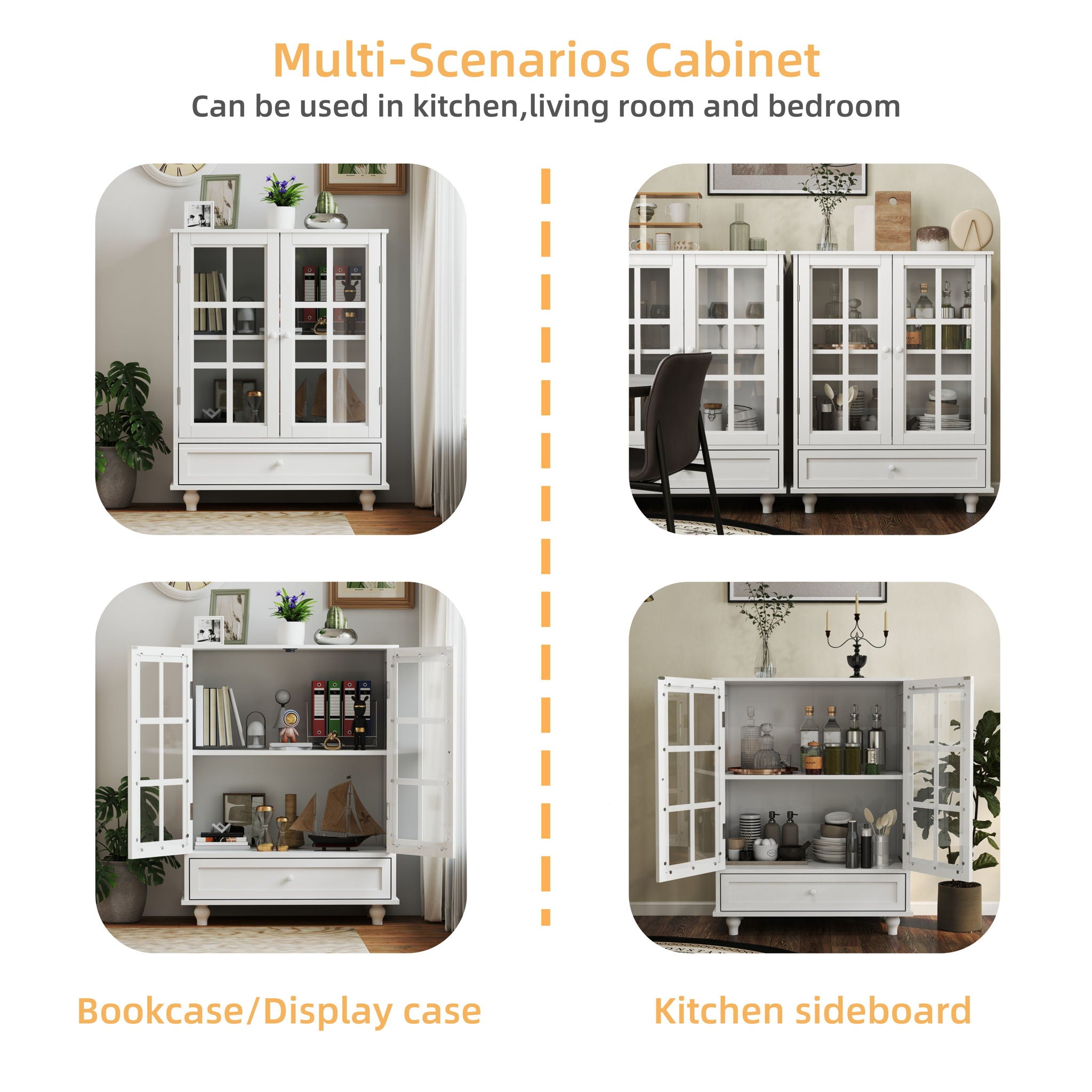 Minimalist Buffet Cabinet With Double Glass Doors And Drawer