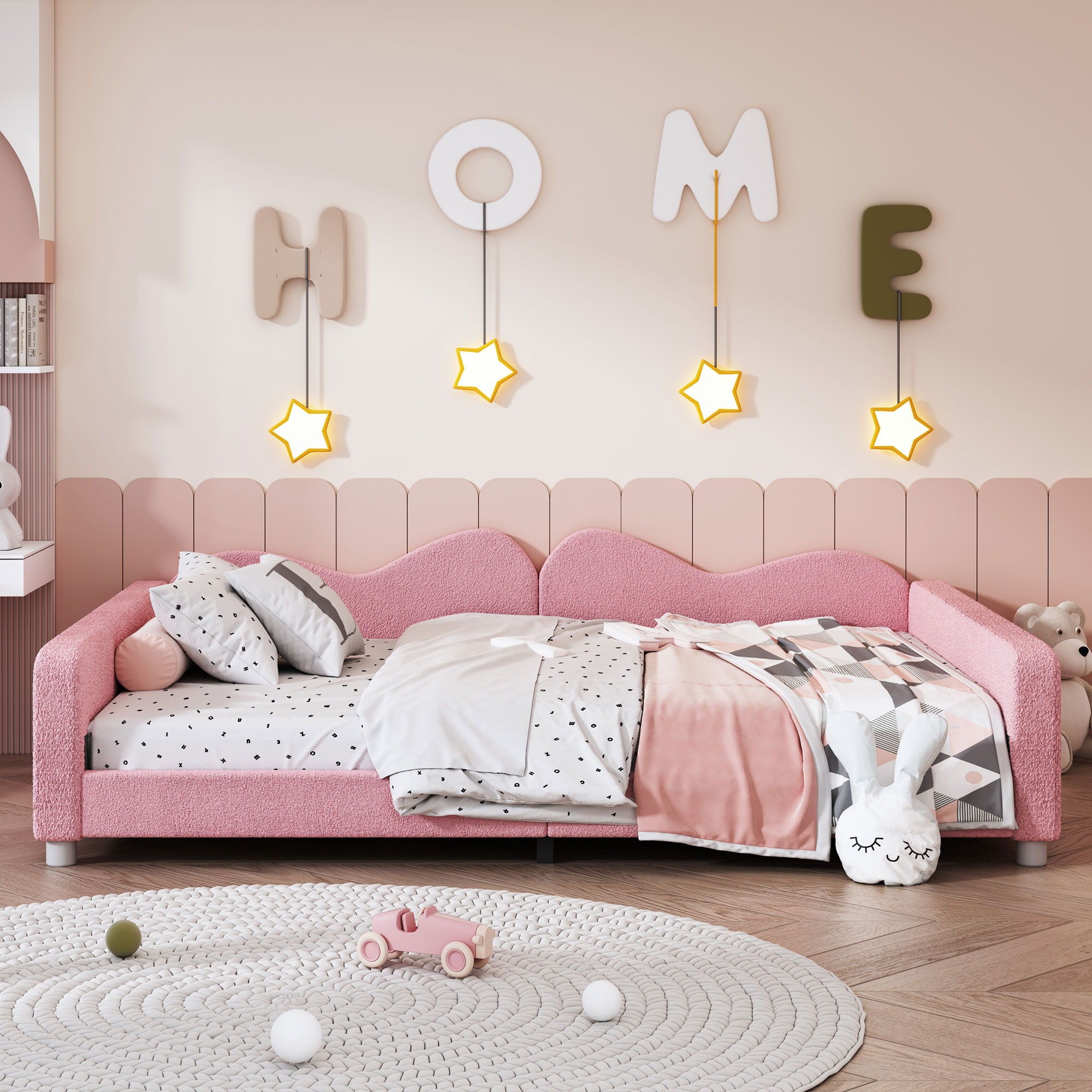 Upholstered Daybed, Sherpa Fabric Sofabed With Cloud-Shaped Backrest