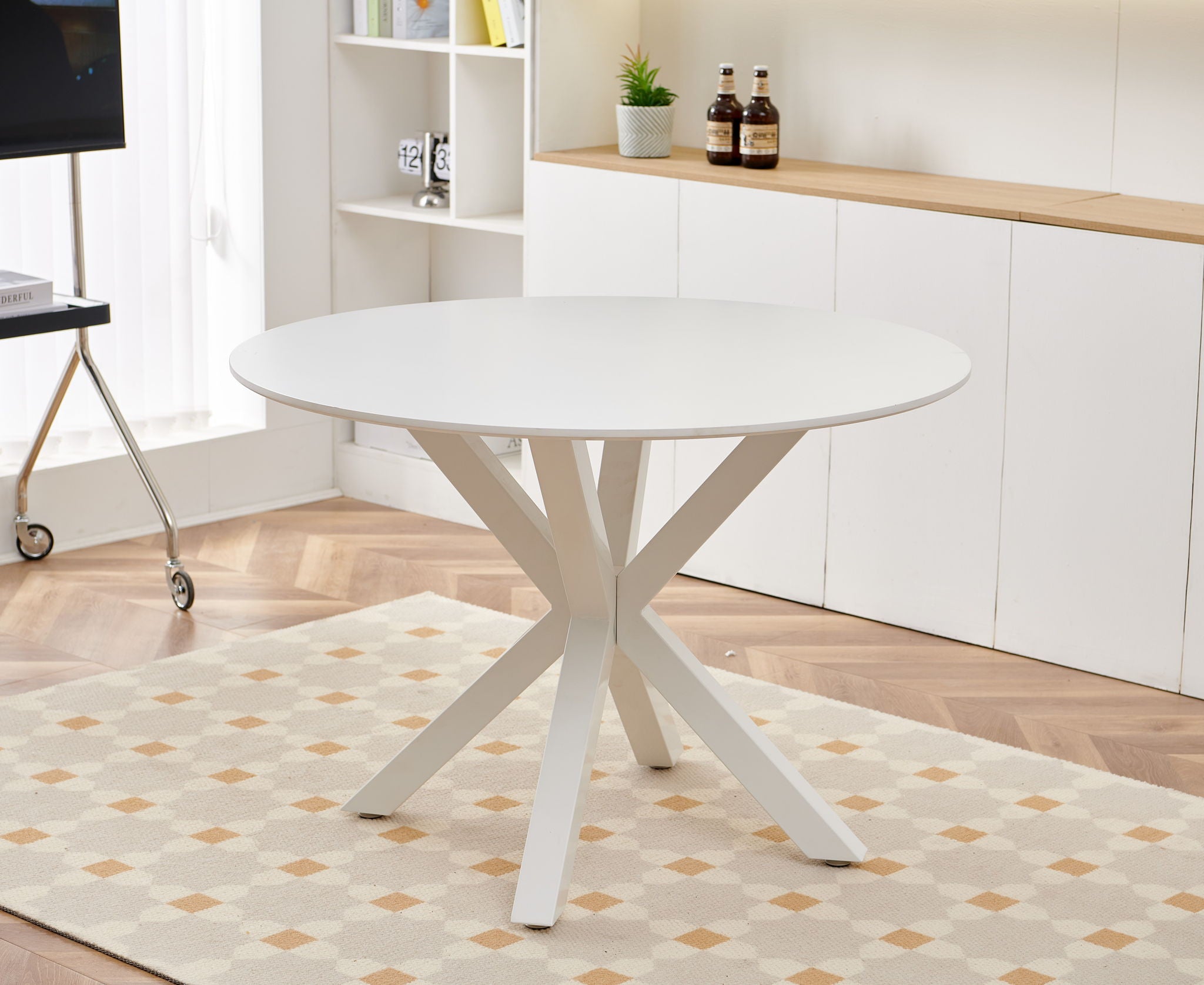 Table Mid-Century Dining Table For 4 - 6 People With Round Table Top, Pedestal Dining Table, End Table Leisure Coffee Table, Cross Leg