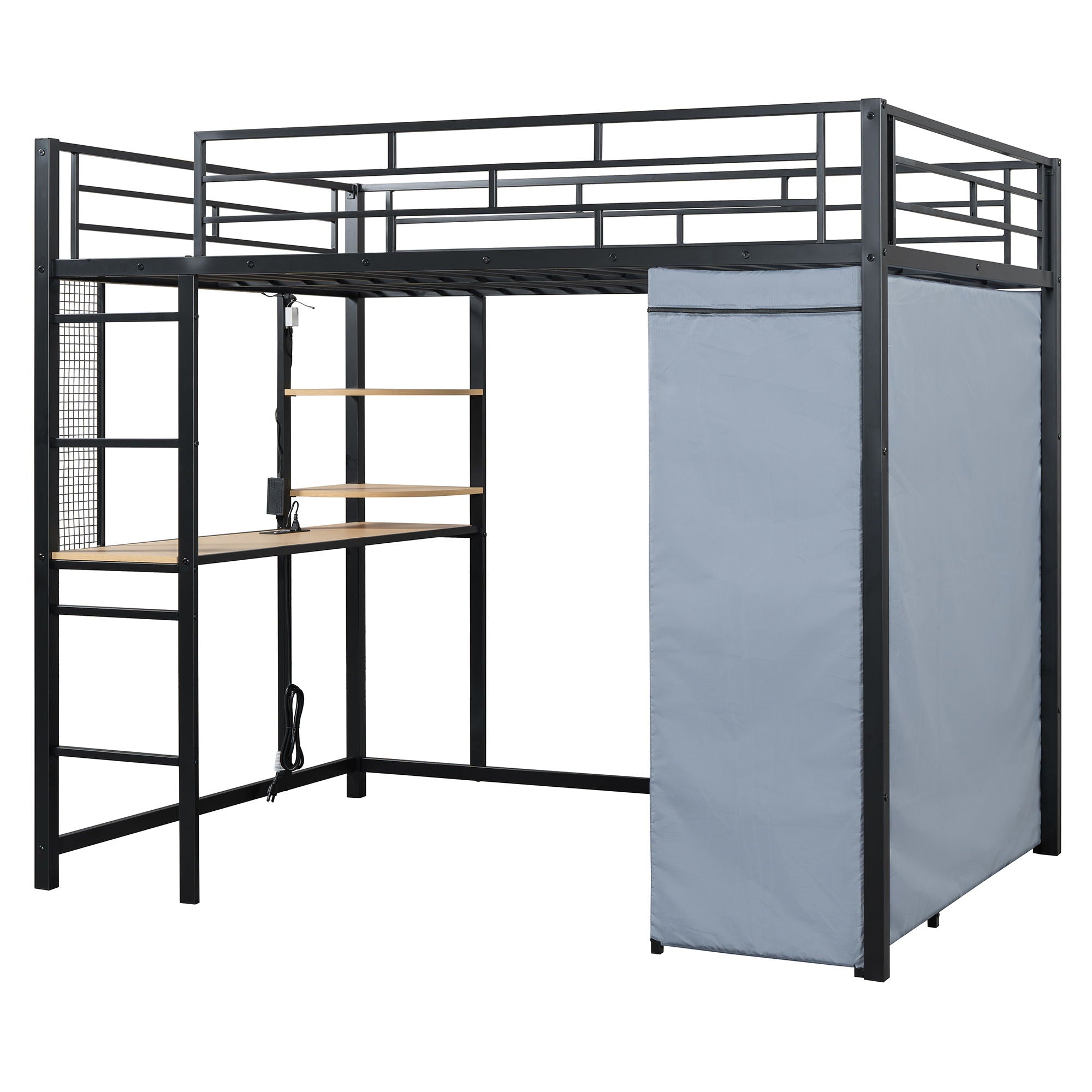 Loft Bed With Desk, Shelves, Power Outlet, LED Light And Wardrobe