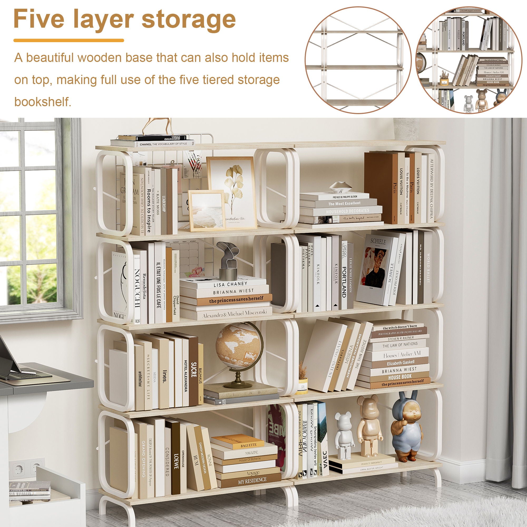 5 Tier Industrial Bookshelf, Tall Bookcase With Open Design, Vintage Storage Organizer