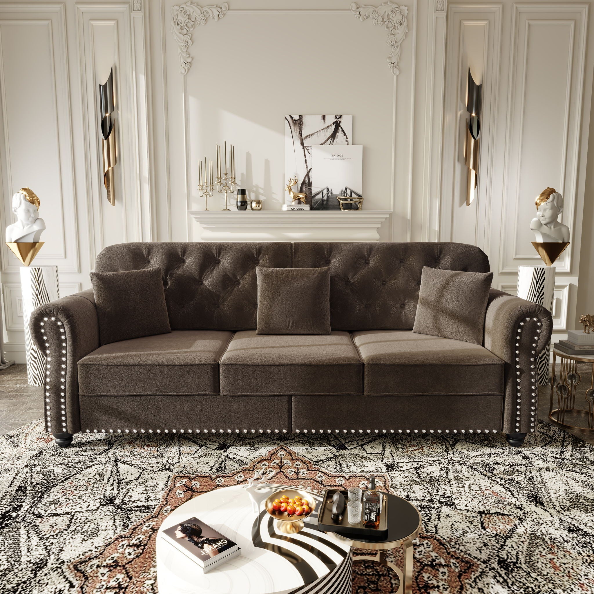 Upholstered Sofa Set With Nailhead Trim And Rolled Armrests, Includes Pillows