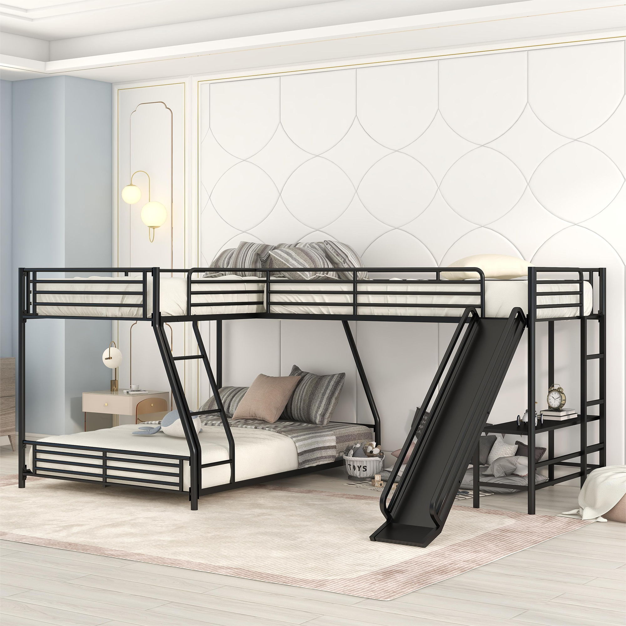 L-Shaped Twin Over Full Bunk Bed With Twin Loft, Built In Desk And Slide - Black