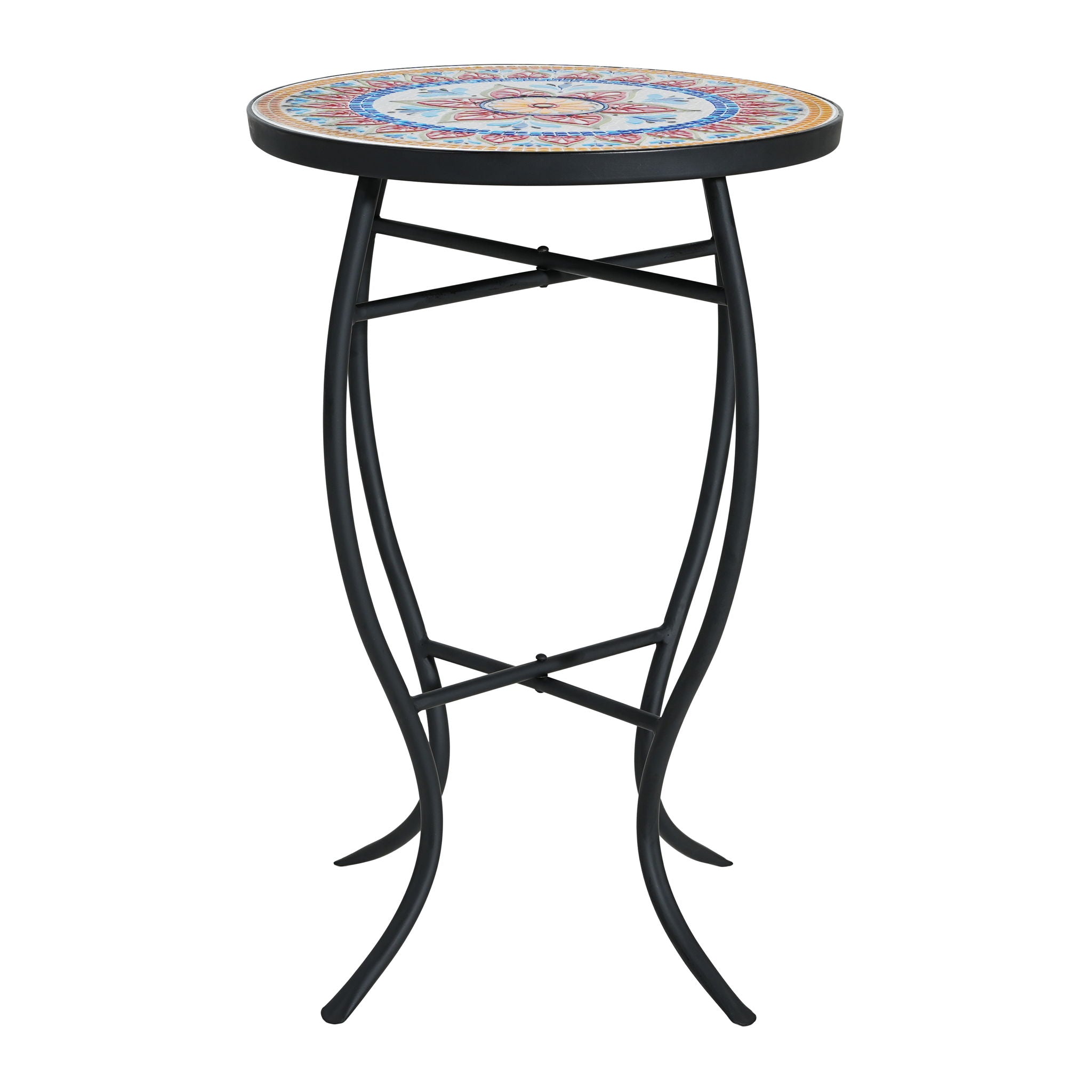 Outdoor Round Side Table With Mosaic Style Top And Curved Iron Legs