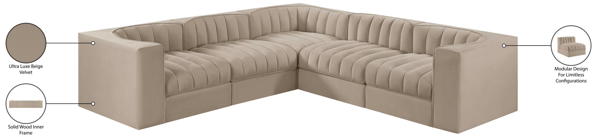 Rummi - Symmetrical Velvet Performance Fabric Upholstered 5 Piece Modular Sectional