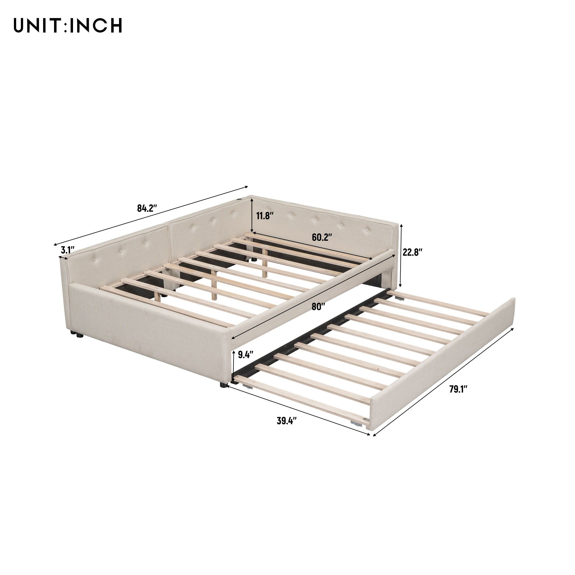 Queen Size Upholstered Platform Bed With USB And Twin Trundle - Beige