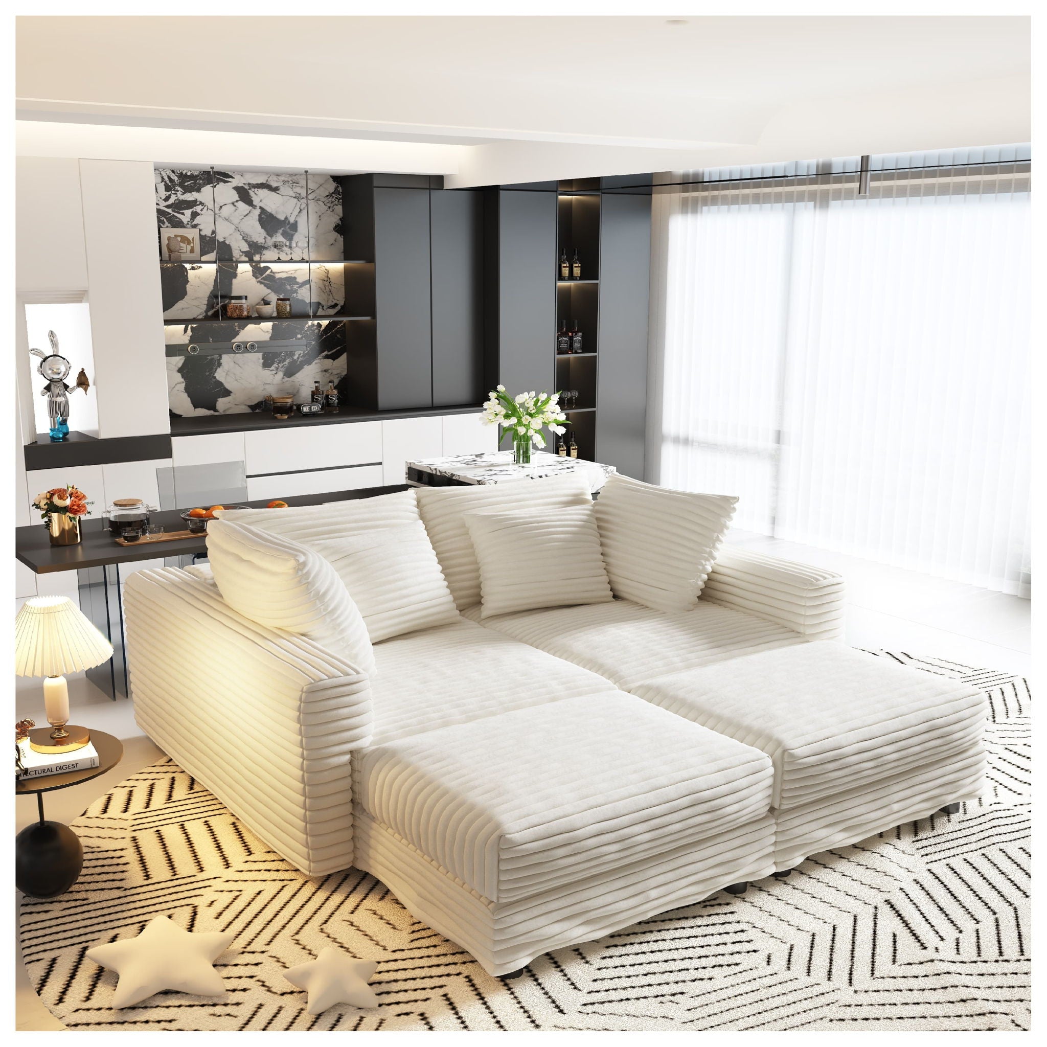 Deep Seat Convertible Sofa With Soft Pillows And Ottomans