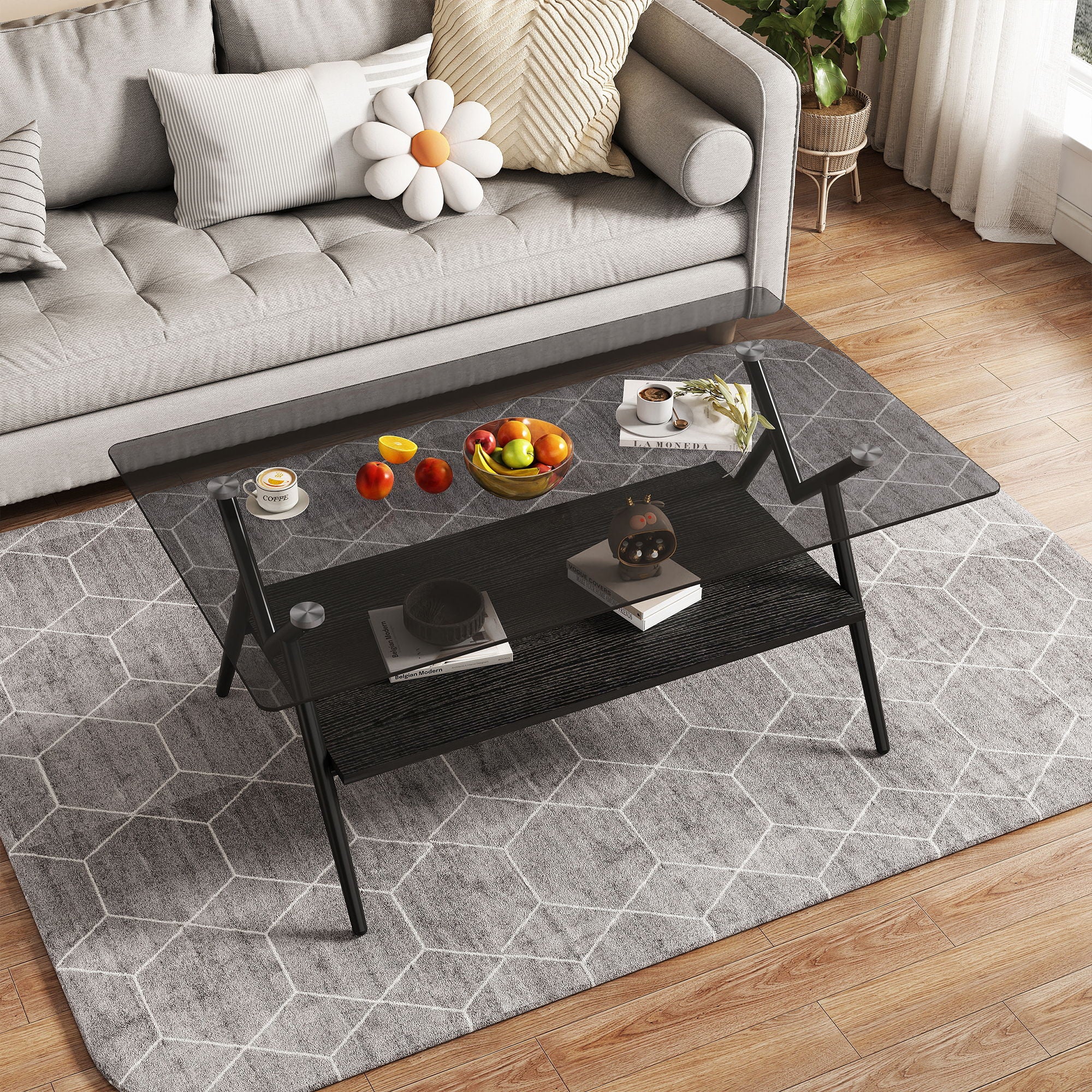 Rectangle Coffee Table With Tempered Glass Top And Shelf, Modern Table For Living Room