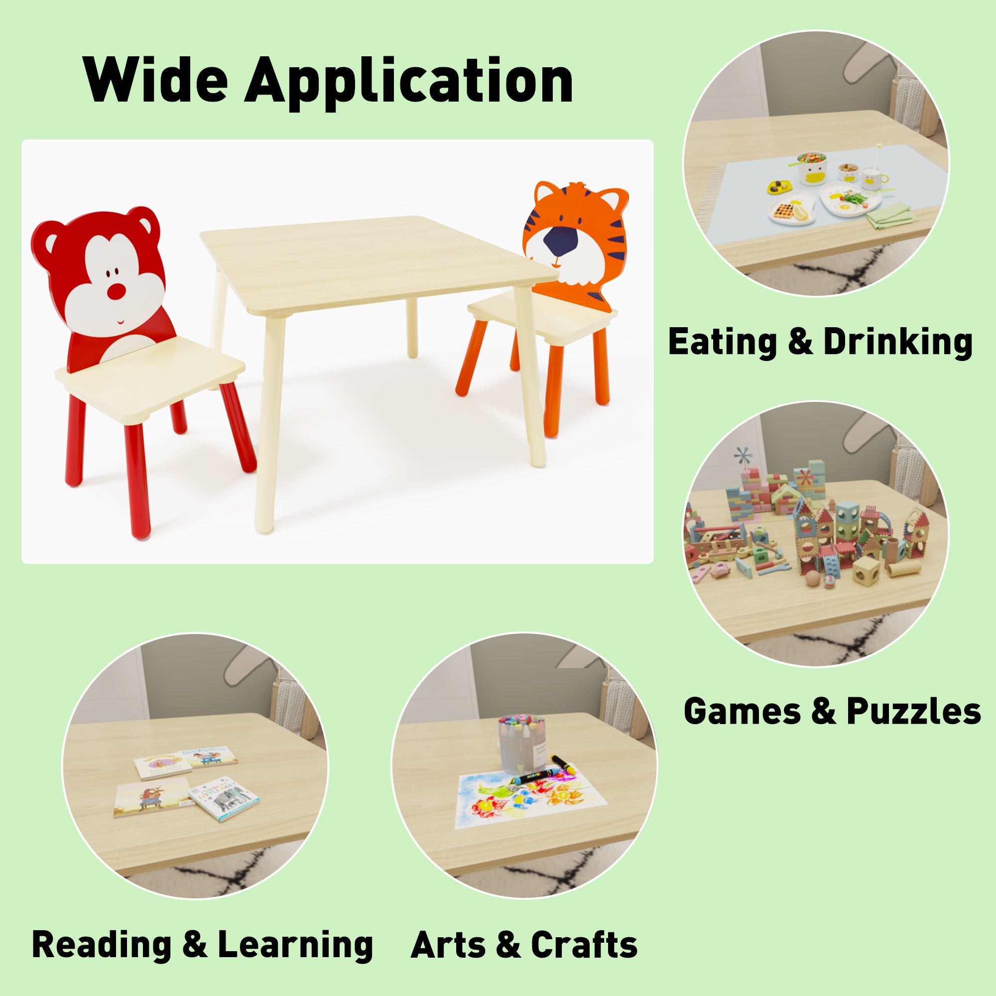 Table And 2 Chairs Set, Activity Play Table Set With Bear & Tiger Design - Natural