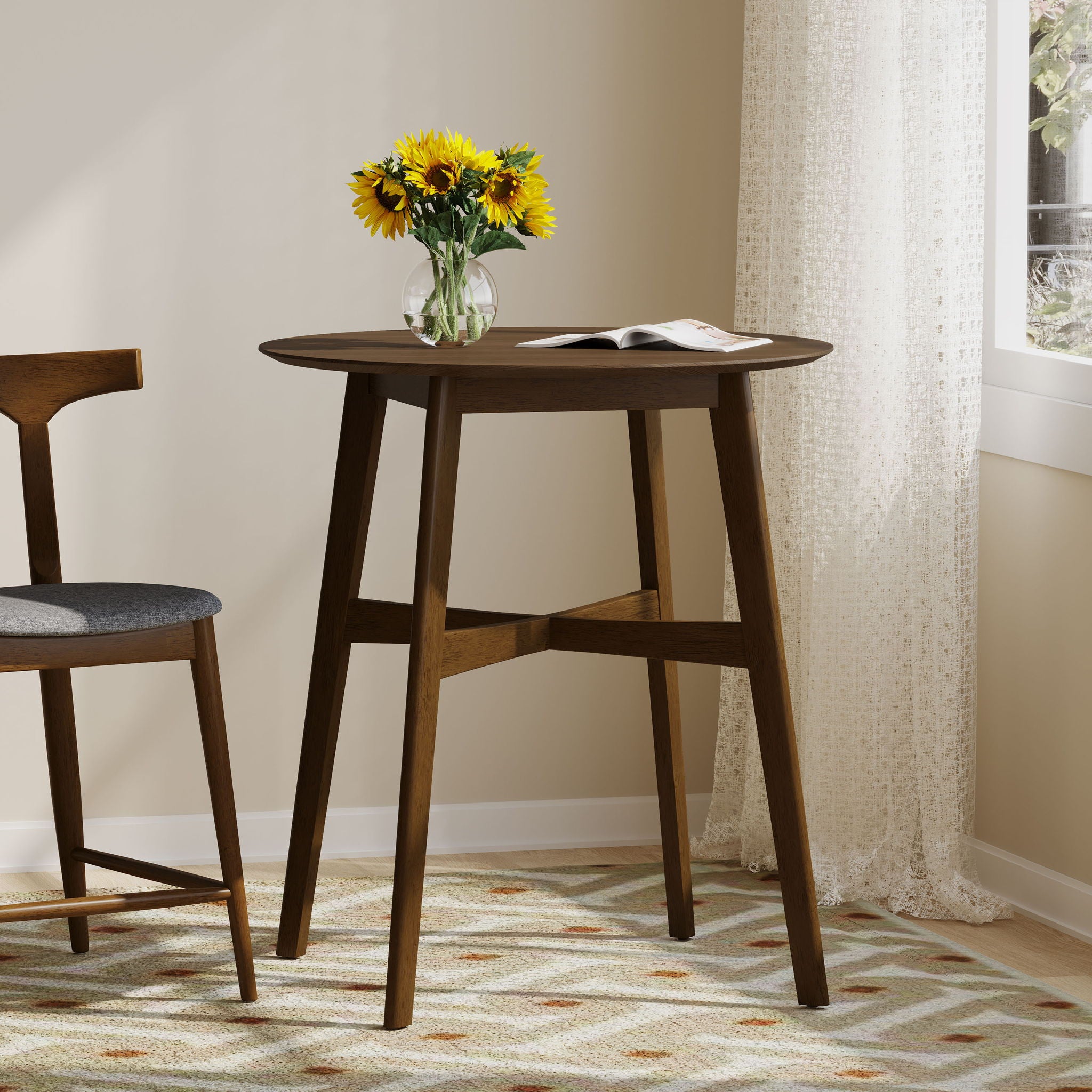 Round Counter Height Dining Table With Thick Rubberwood Legs And Support Beams - Walnut
