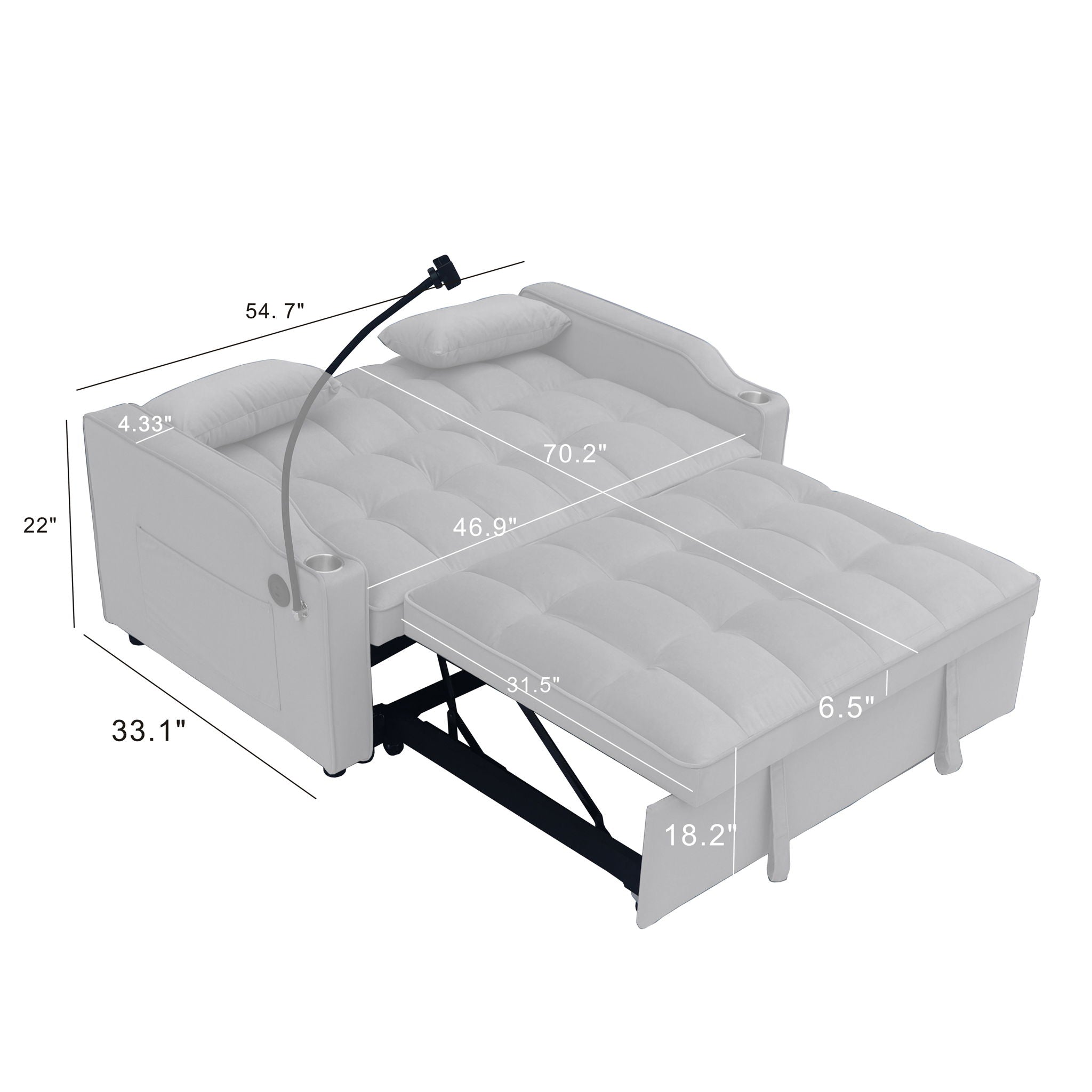 Modern Loveseat With Pullout Bed, Adjustable Reclining Backrest