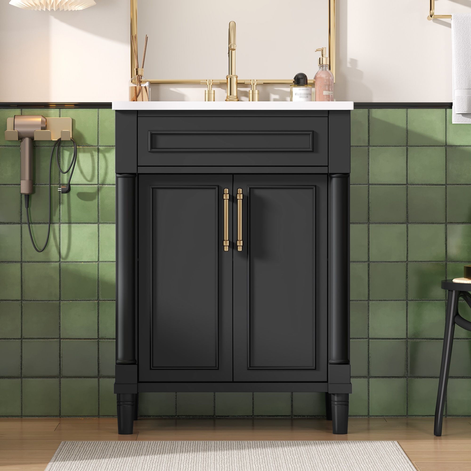 Bathroom Vanity With Integrated Sink, 2 Door Cabinet, Single Sink For Small To Medium Bathrooms