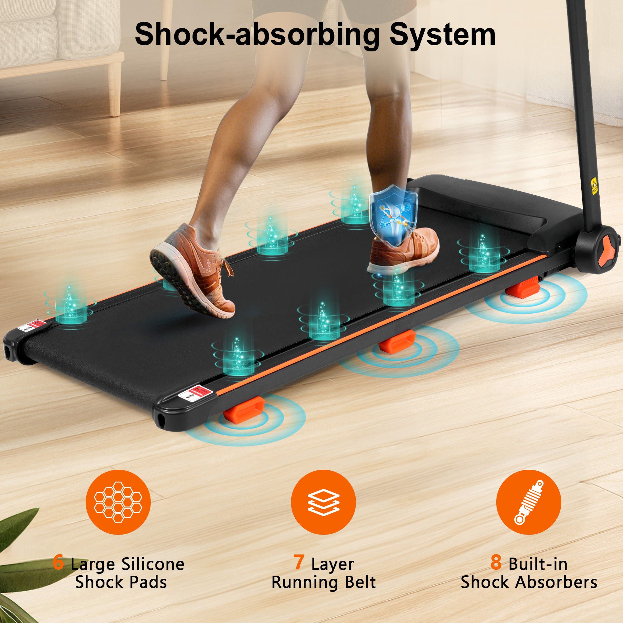 2.5Hp Quiet Folding Treadmill With Heart Rate Sensor, 300Lbs Weight Capacity, With USB Charge Station For Android & Bluetooth Speaker, 6 Shock Absorbing - Black
