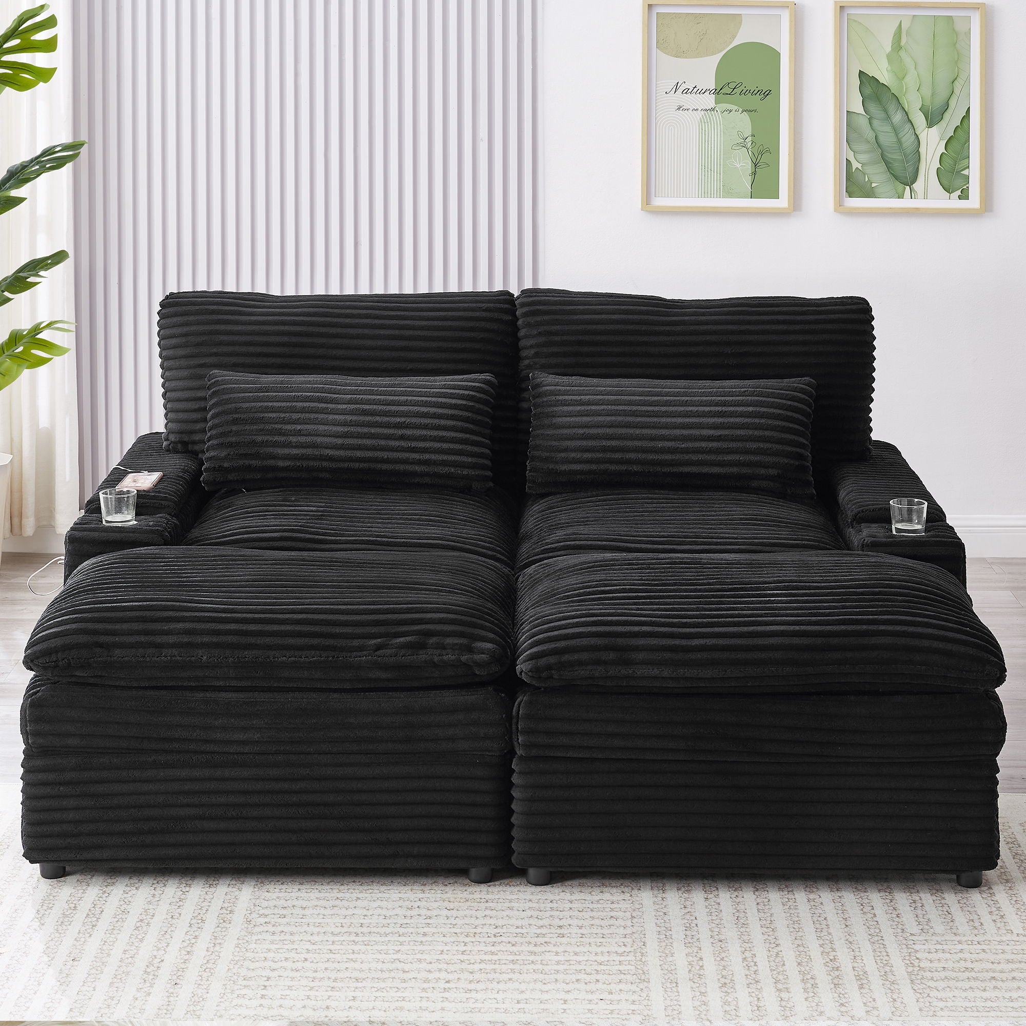Convertible Loveseat Sofa With Storage, USB Ports, Cup Holders
