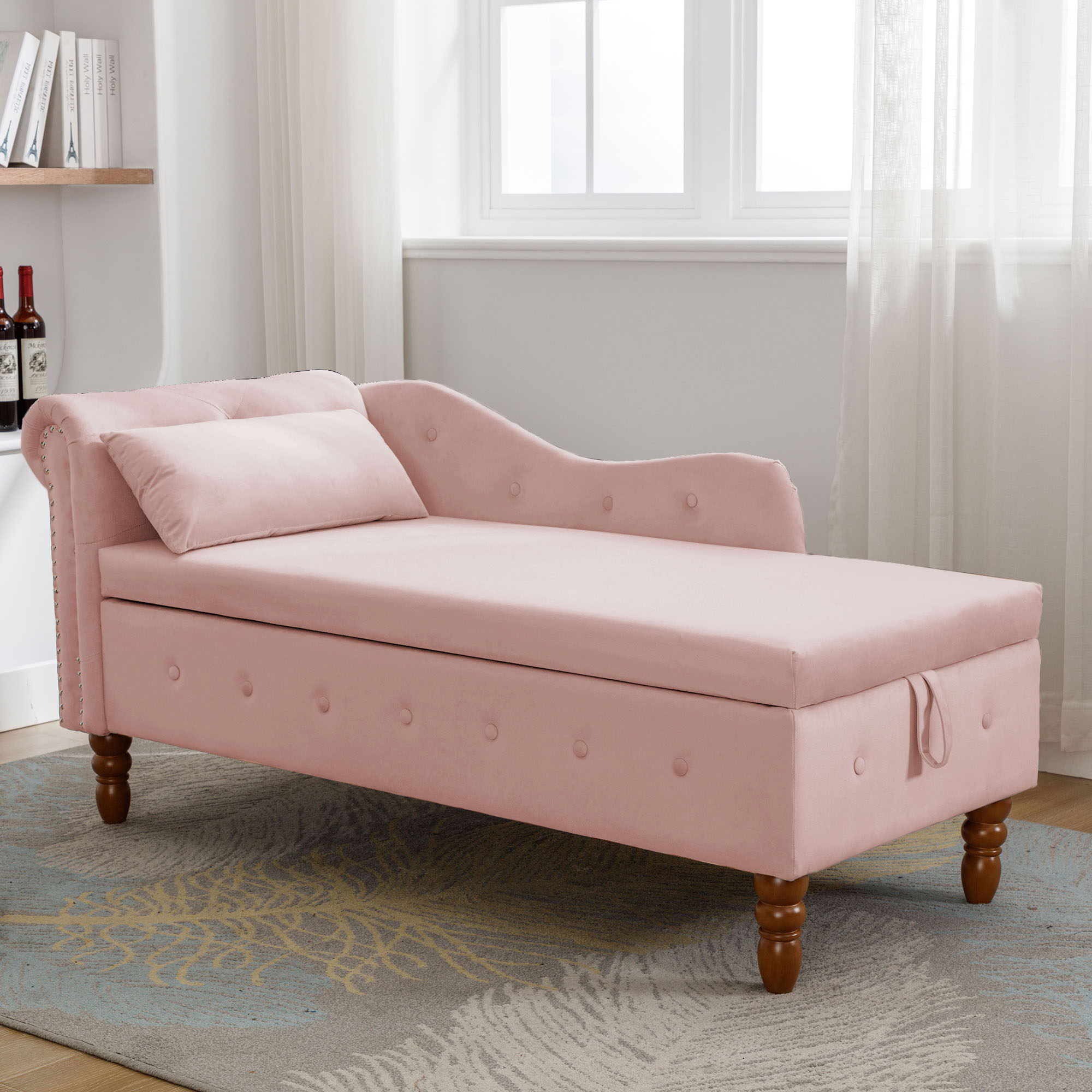 Chaise Lounge Indoor, Lounge Chair For Bedroom With Storage & Pillow, Modern Upholstered Rolled Arm Chase Lounge For Sleeping With Nailhead Trim For Living Room Bedroom Office
