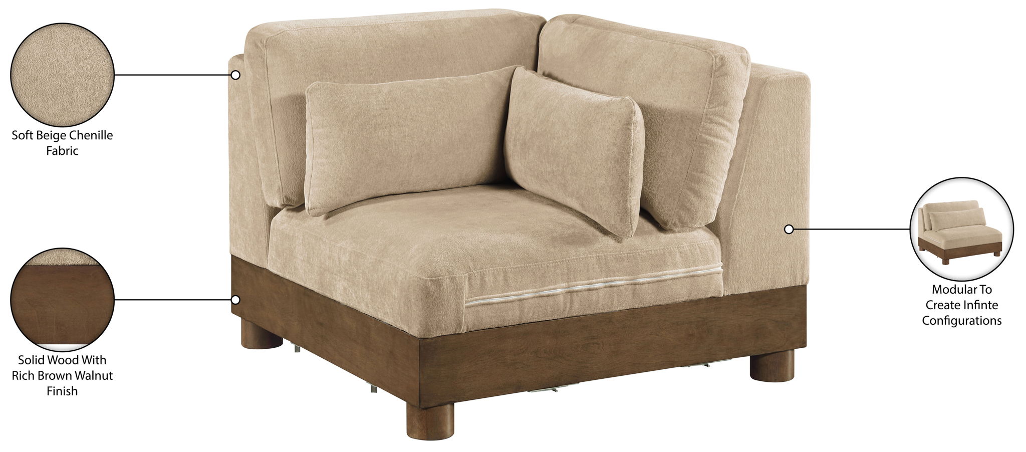 Turin - Chenille Fabric Upholstered Modular Corner Chair - Walnut Base