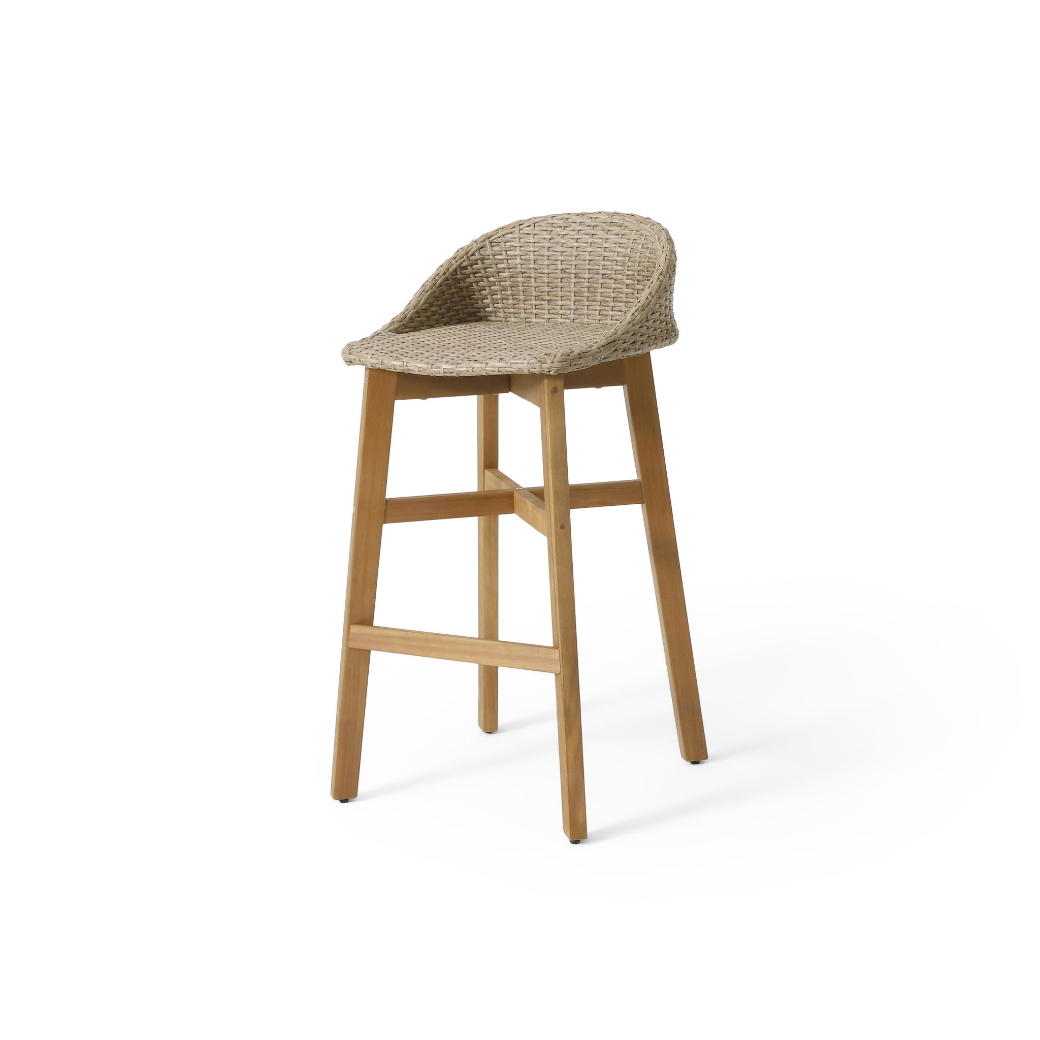 Beeson - Outdoor Wicker And Acacia Wood Barstools Set, Water Resistant - Brown