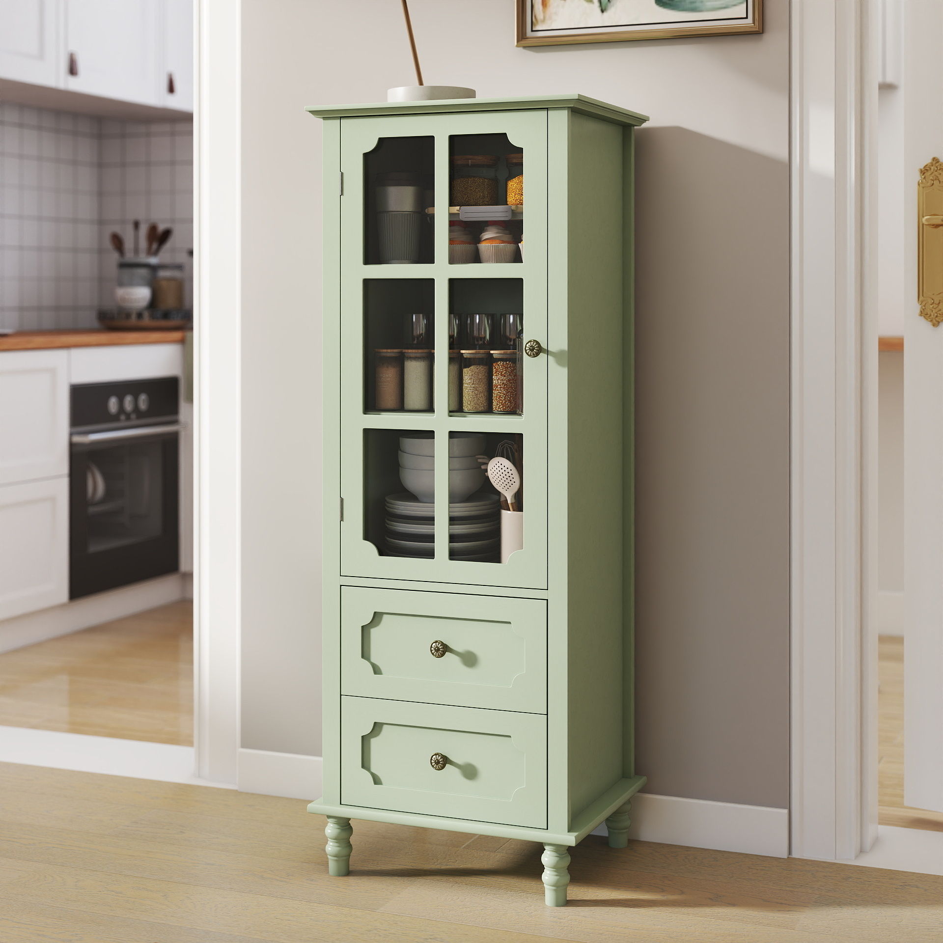 Minimalism Buffet Cabinet With Glass Doors And Double Drawer