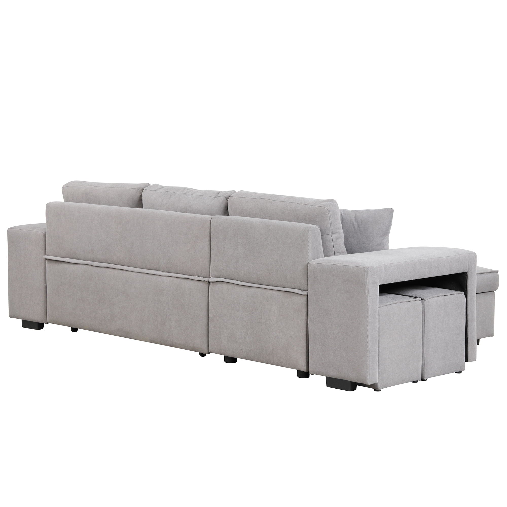 Modern L-Shape 3 Seat Reversible Sectional Couch, Pull Out Sleeper Sofa With Storage Chaise And 2 Stools For Living Room Furniture Set