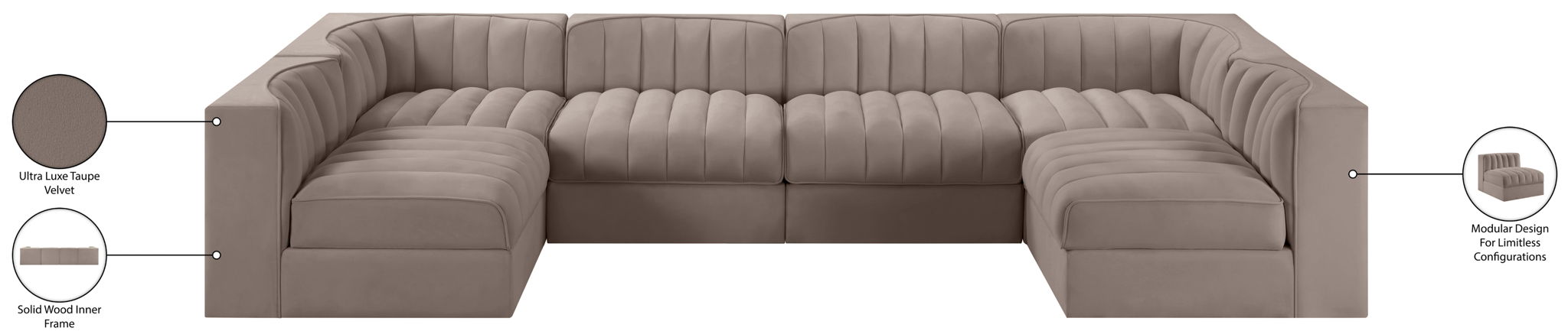 Rummi - Armless Velvet Performance Fabric Upholstered 6 Piece Modular Sectional