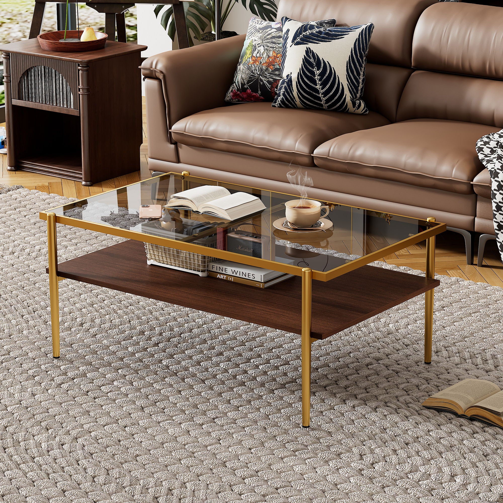 Rectangle Coffee Table With Tempered Glass Top And Legs, Modern Table For Living Room