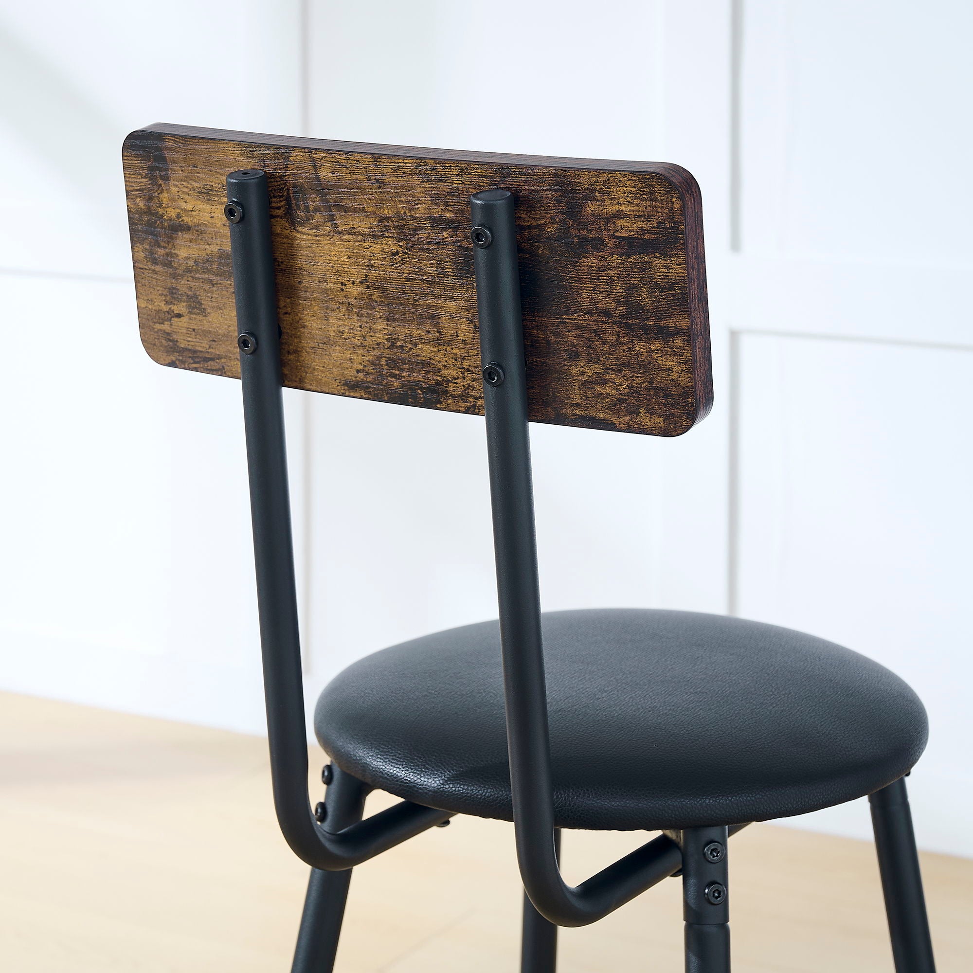 Rustic Brown Round Bar Table And Stool Set With Shelf, Upholstered Stool With Backrest - Antique Brown
