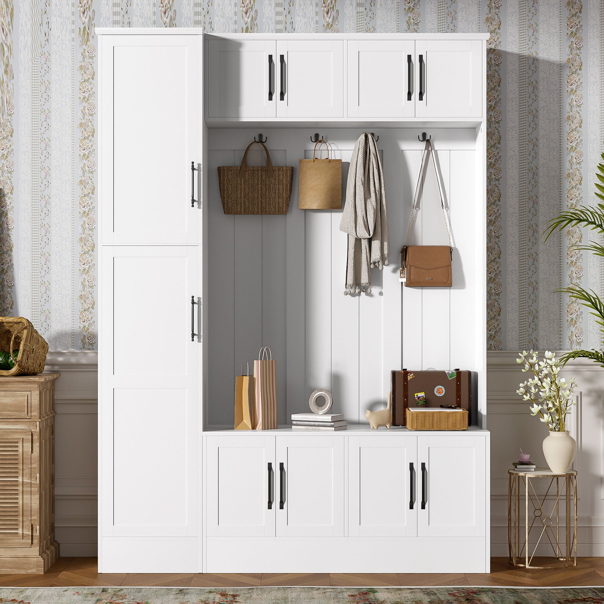 Tall Hall Tree With Shoe Storage, 4 In 1 Entryway Bench With 6 Cabinets, 4 Coat Hooks & Adjustable Shelf For Hallway - White