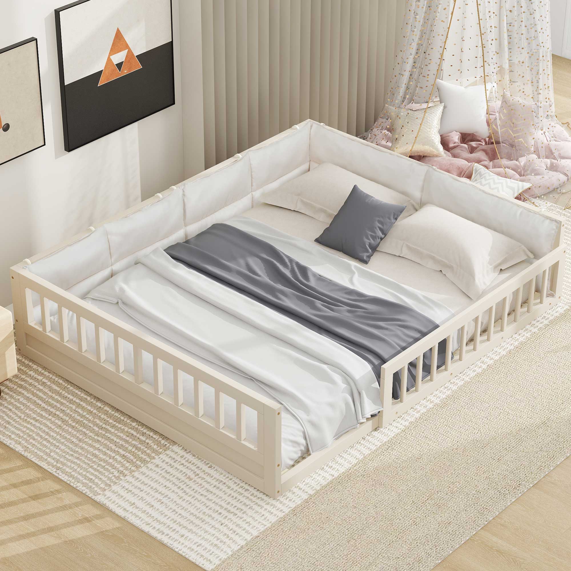 Upholstered Platform Bed With Guardrail And Pillow