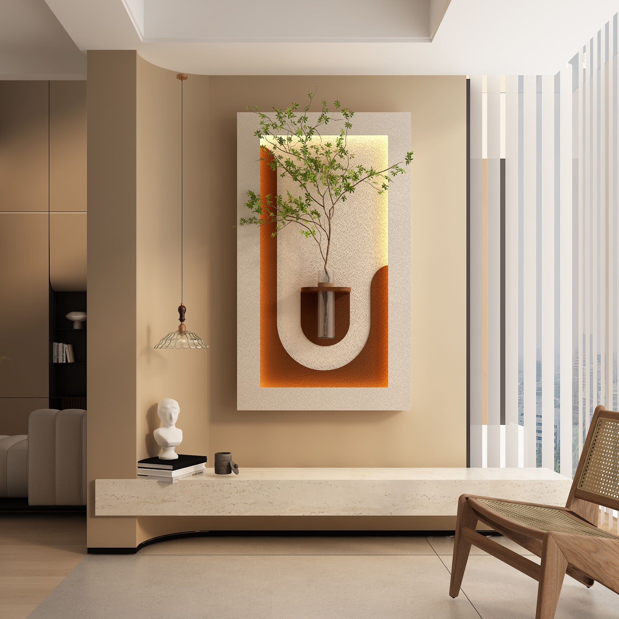 Adjustable 3 Color LED Sandstone Wall Decor With Simulated Plants, Vase & Rabbit Statue - Light Coffee